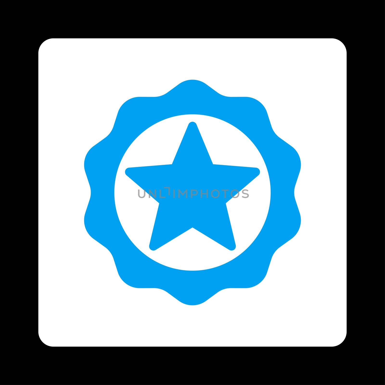 Award seal icon from Award Buttons OverColor Set. Icon style is blue and white colors, flat rounded square button, black background.