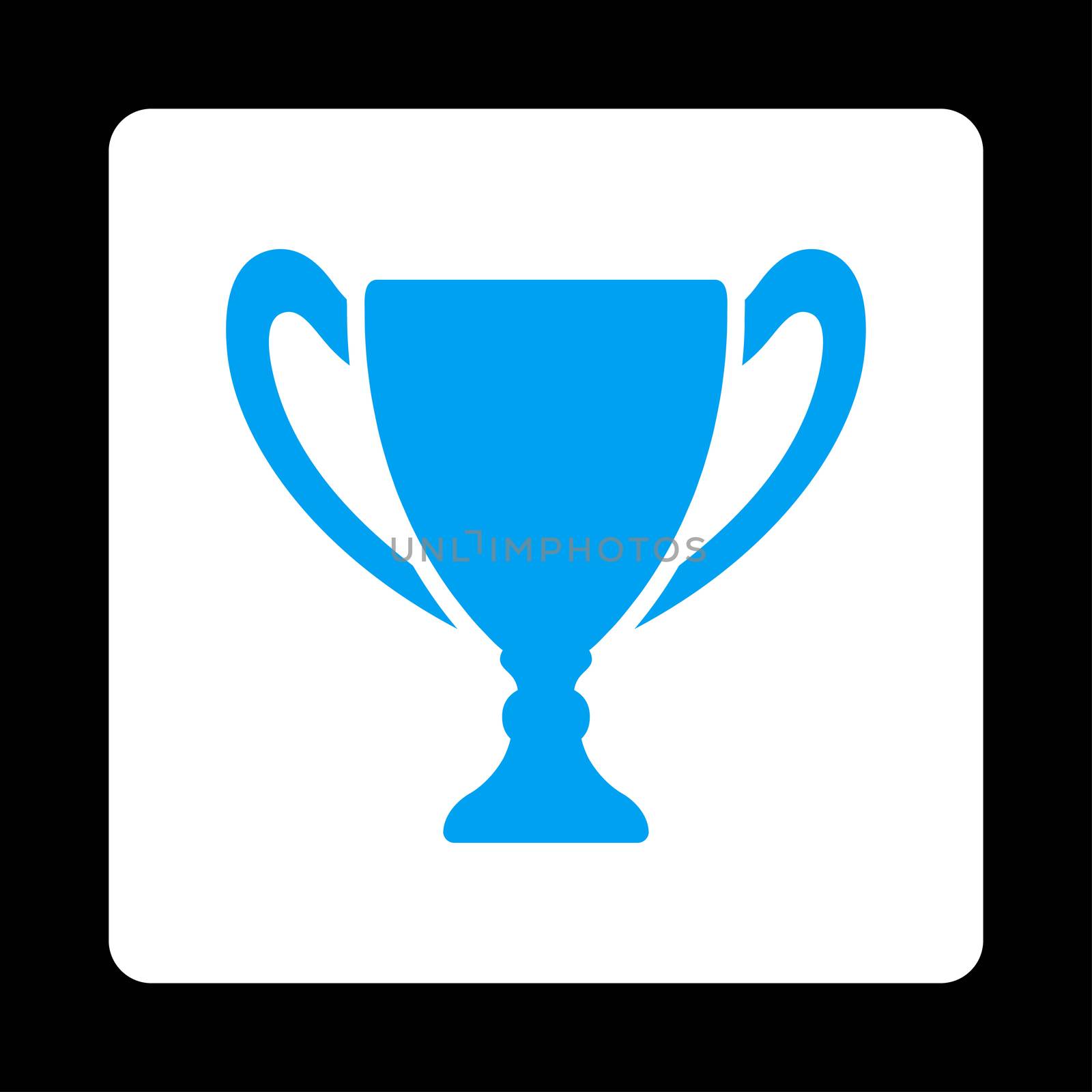Cup icon from Award Buttons OverColor Set. Icon style is blue and white colors, flat rounded square button, black background.