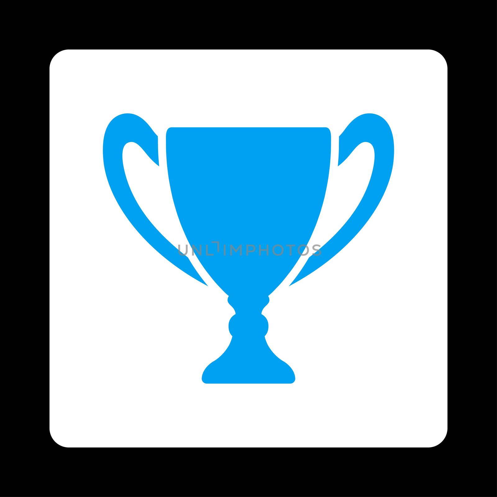 Cup icon from Award Buttons OverColor Set. Icon style is blue and white colors, flat rounded square button, black background.