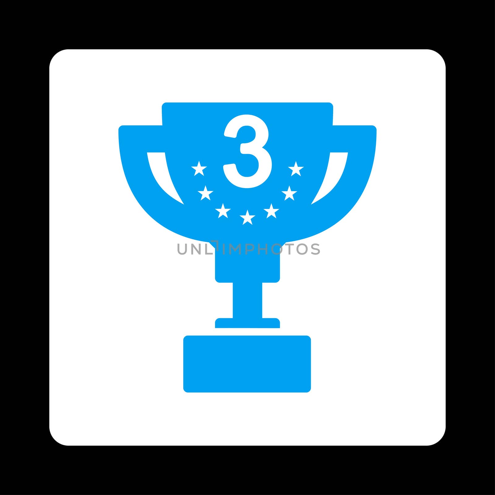 Third prize icon from Award Buttons OverColor Set. Icon style is blue and white colors, flat rounded square button, black background.