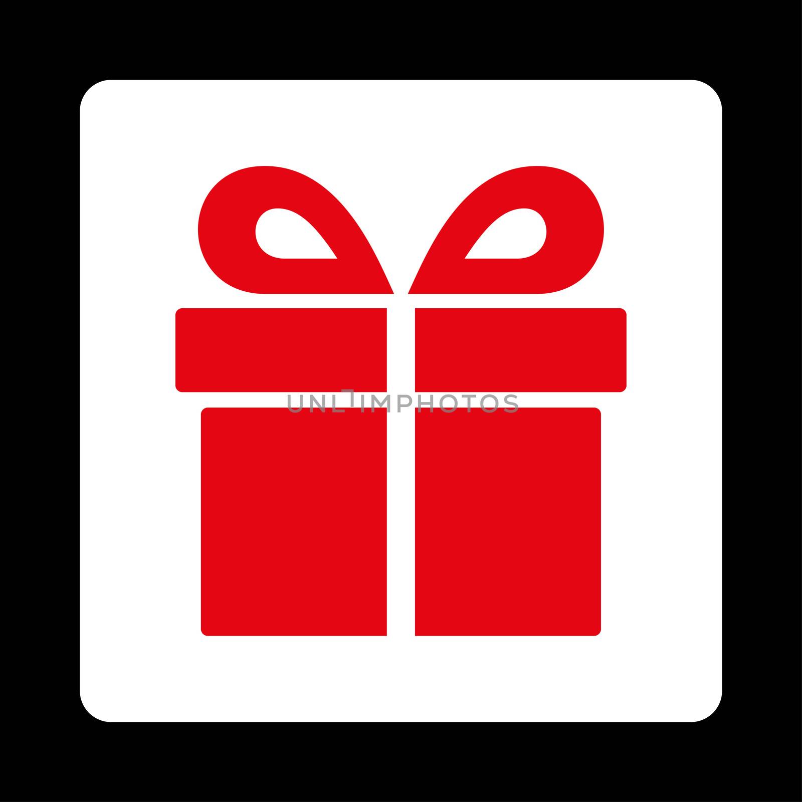 Present icon from Award Buttons OverColor Set. Icon style is red and white colors, flat rounded square button, black background.