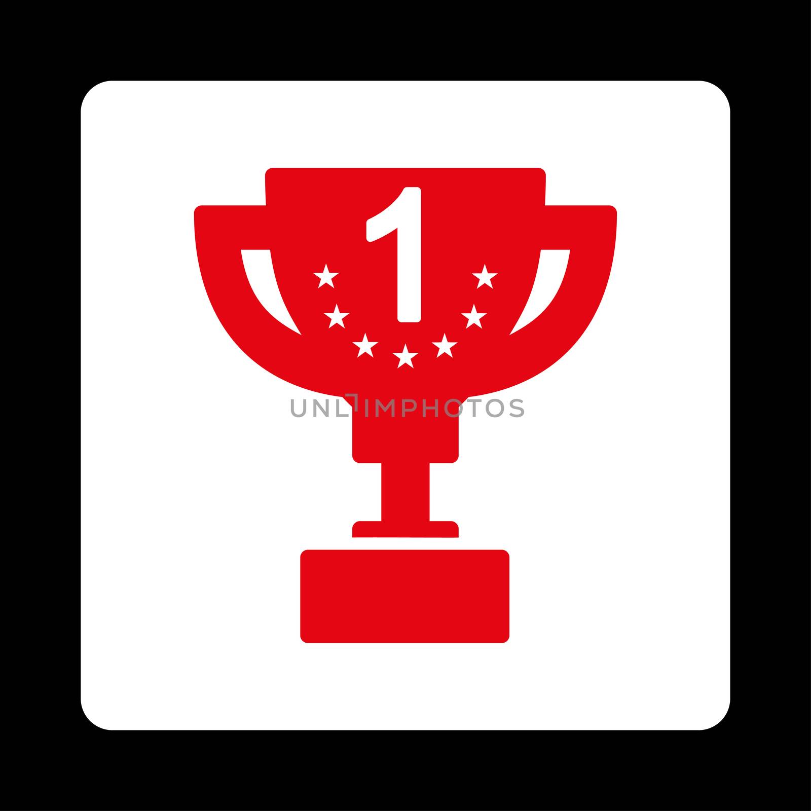 First prize icon from Award Buttons OverColor Set. Icon style is red and white colors, flat rounded square button, black background.
