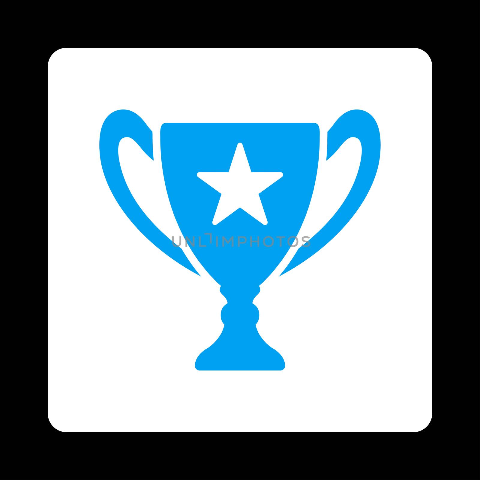 Trophy icon from Award Buttons OverColor Set. Icon style is blue and white colors, flat rounded square button, black background.