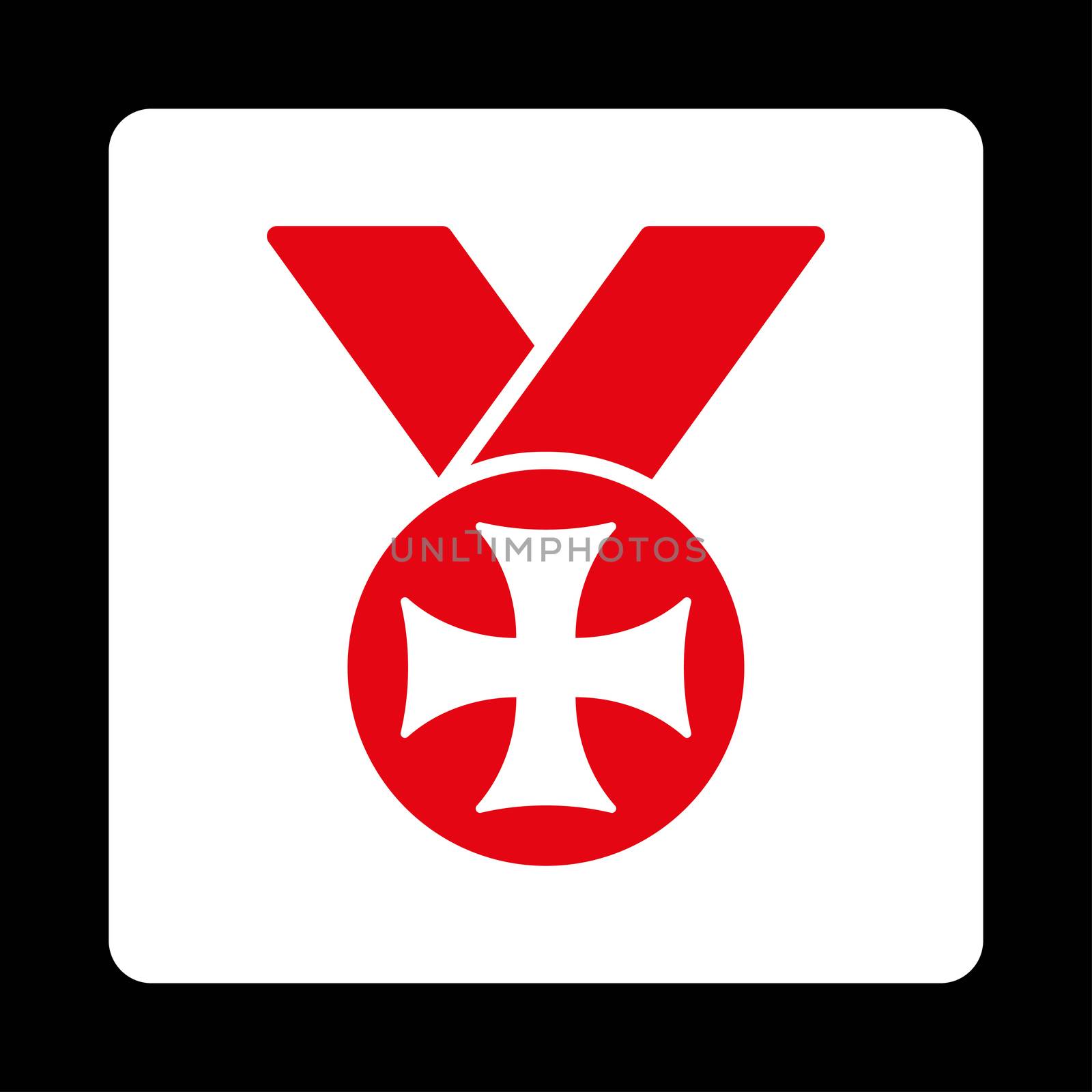 Maltese medal icon from Award Buttons OverColor Set. Icon style is red and white colors, flat rounded square button, black background.