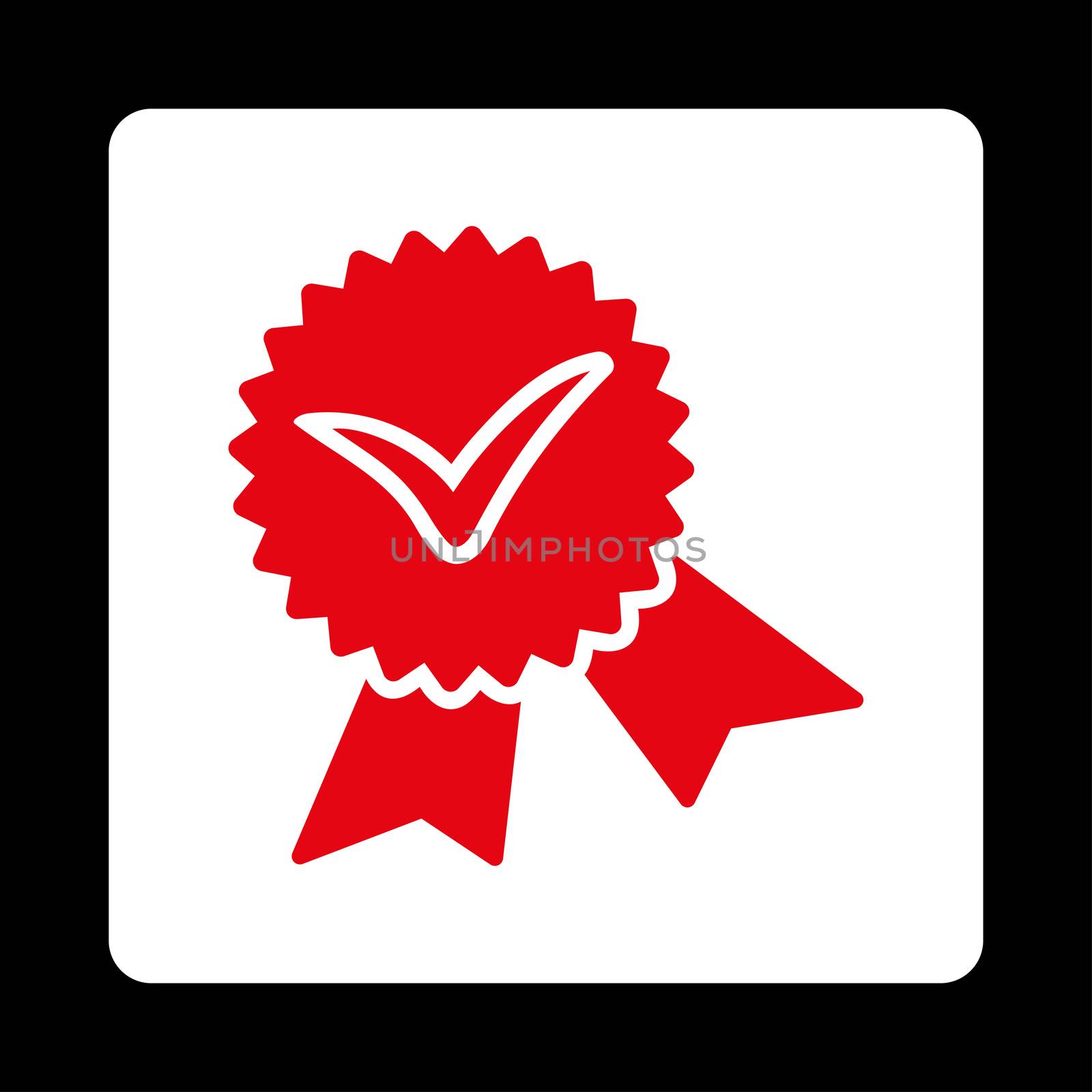Validation seal icon from Award Buttons OverColor Set. Icon style is red and white colors, flat rounded square button, black background.