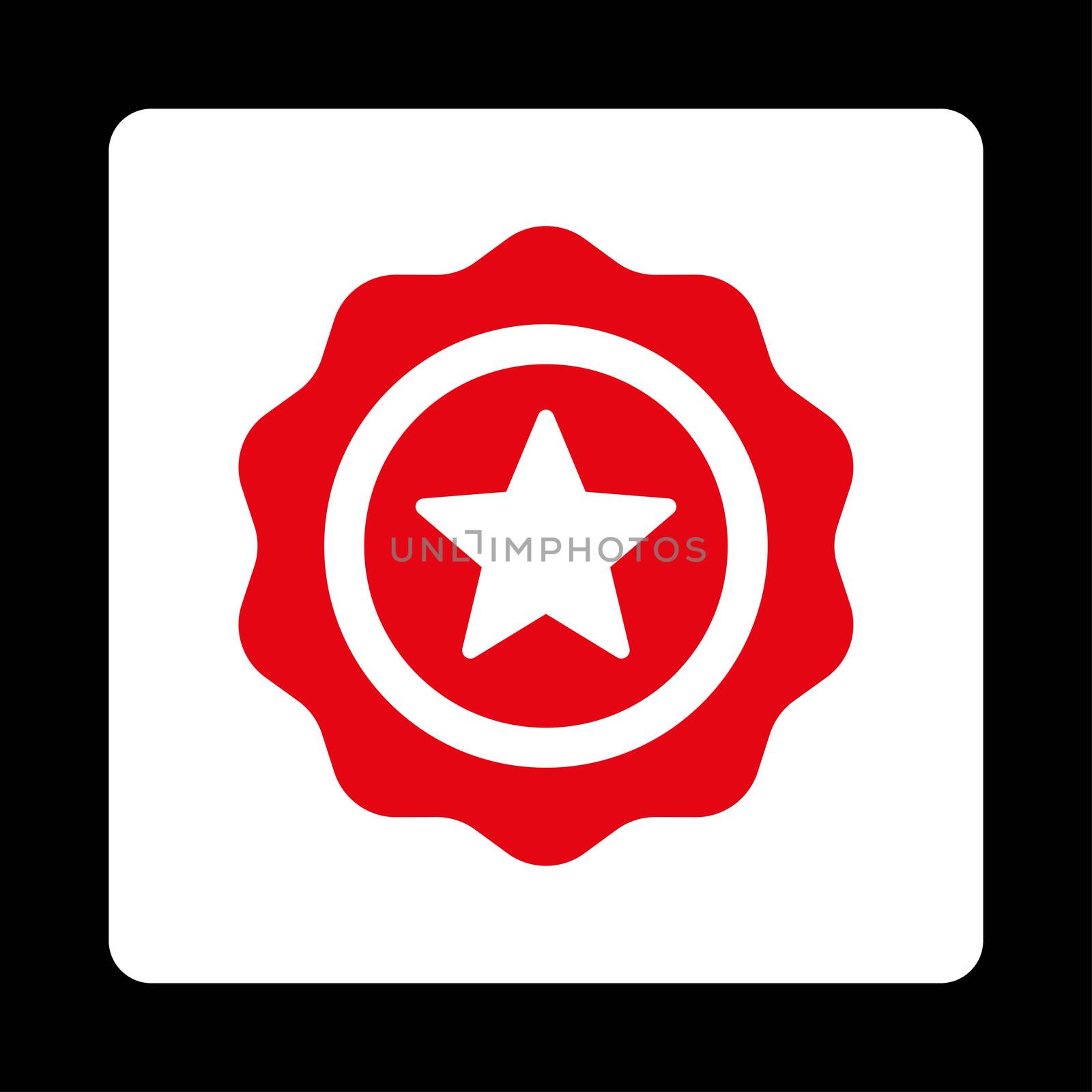 Reward seal icon from Award Buttons OverColor Set. Icon style is red and white colors, flat rounded square button, black background.