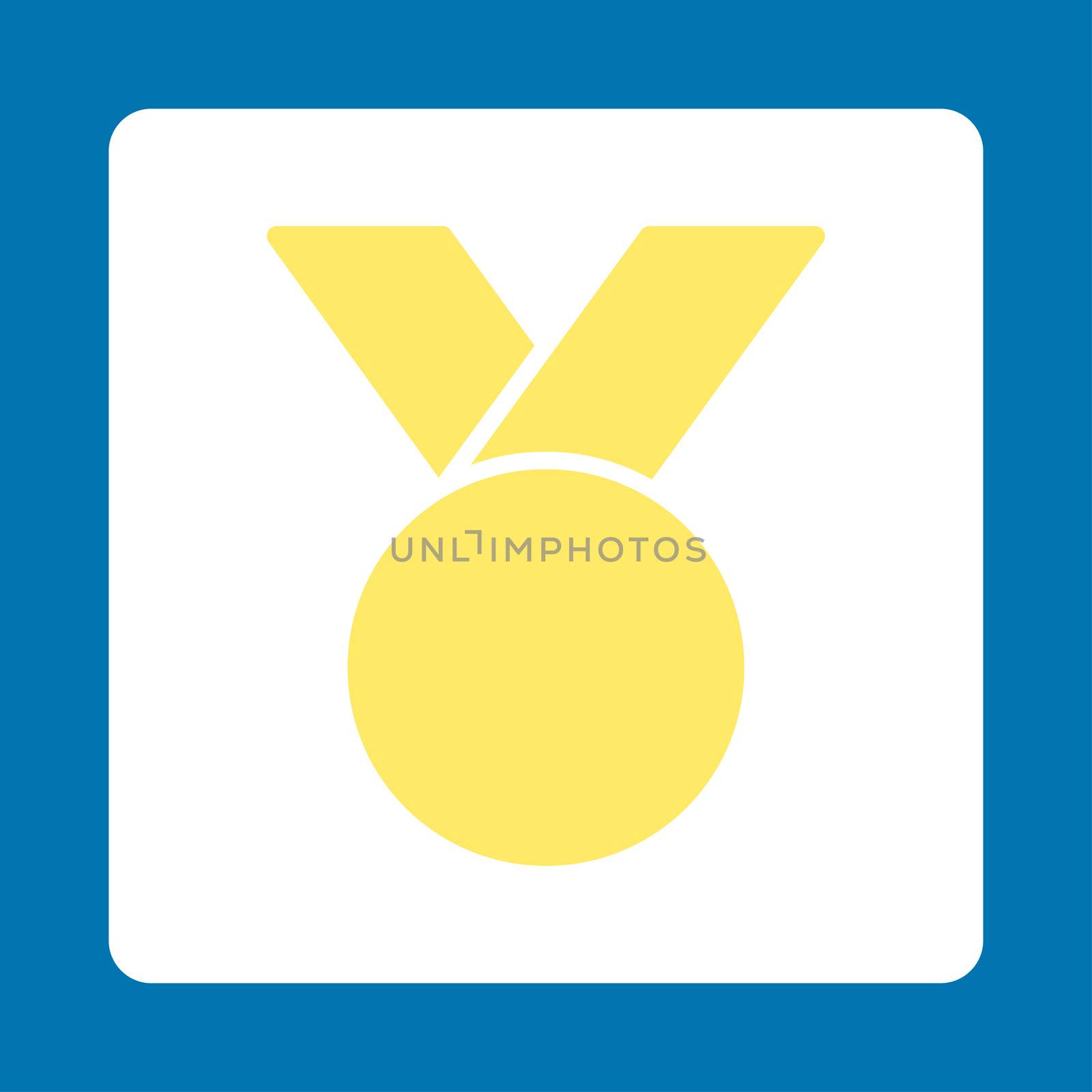 Army medal icon from Award Buttons OverColor Set. Icon style is yellow and white colors, flat rounded square button, blue background.