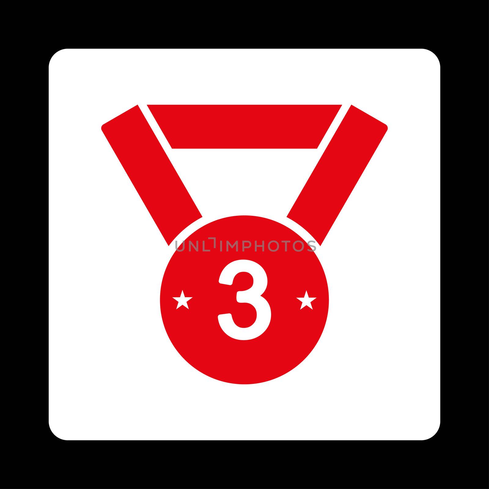 Third medal icon from Award Buttons OverColor Set. Icon style is red and white colors, flat rounded square button, black background.