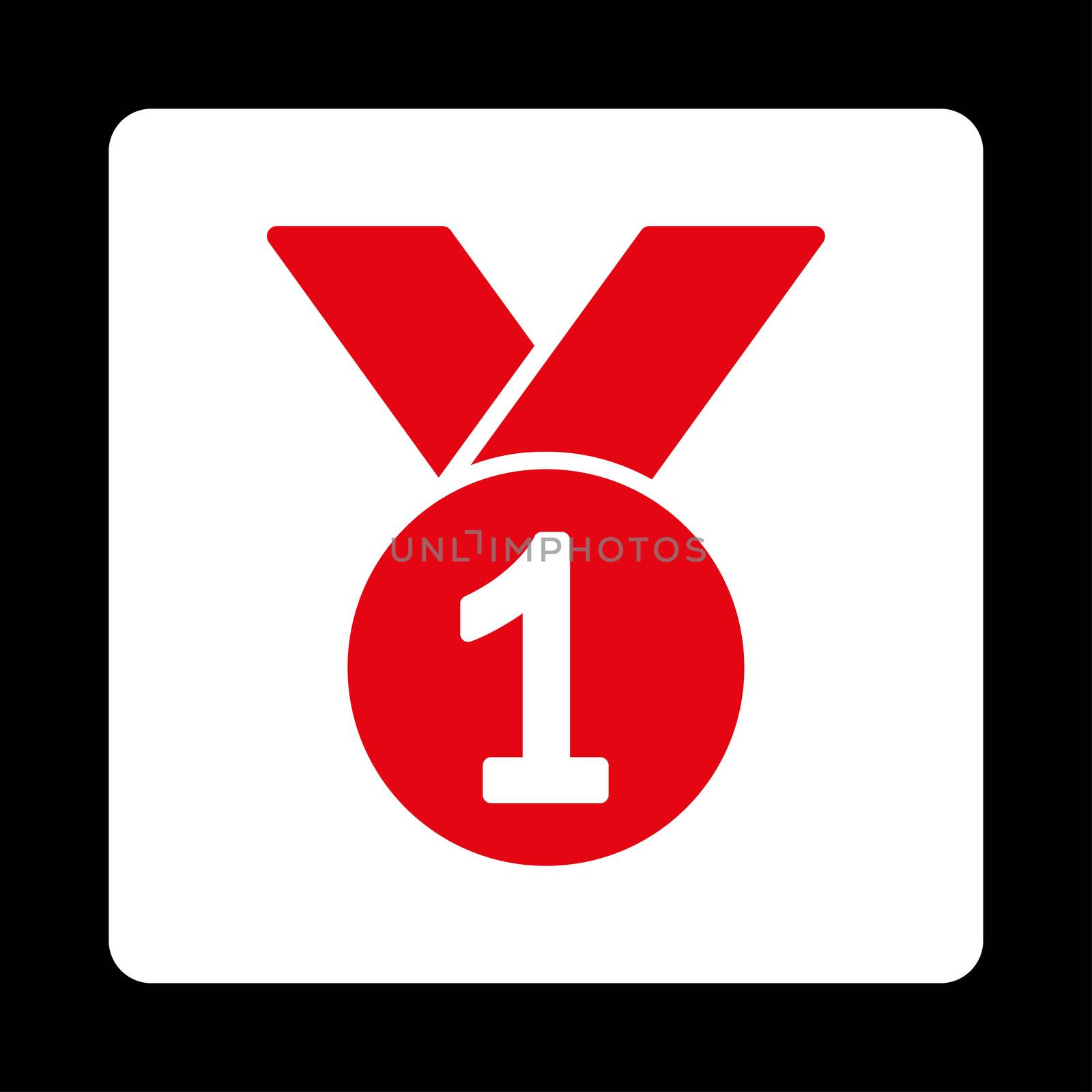 Gold medal icon from Award Buttons OverColor Set. Icon style is red and white colors, flat rounded square button, black background.