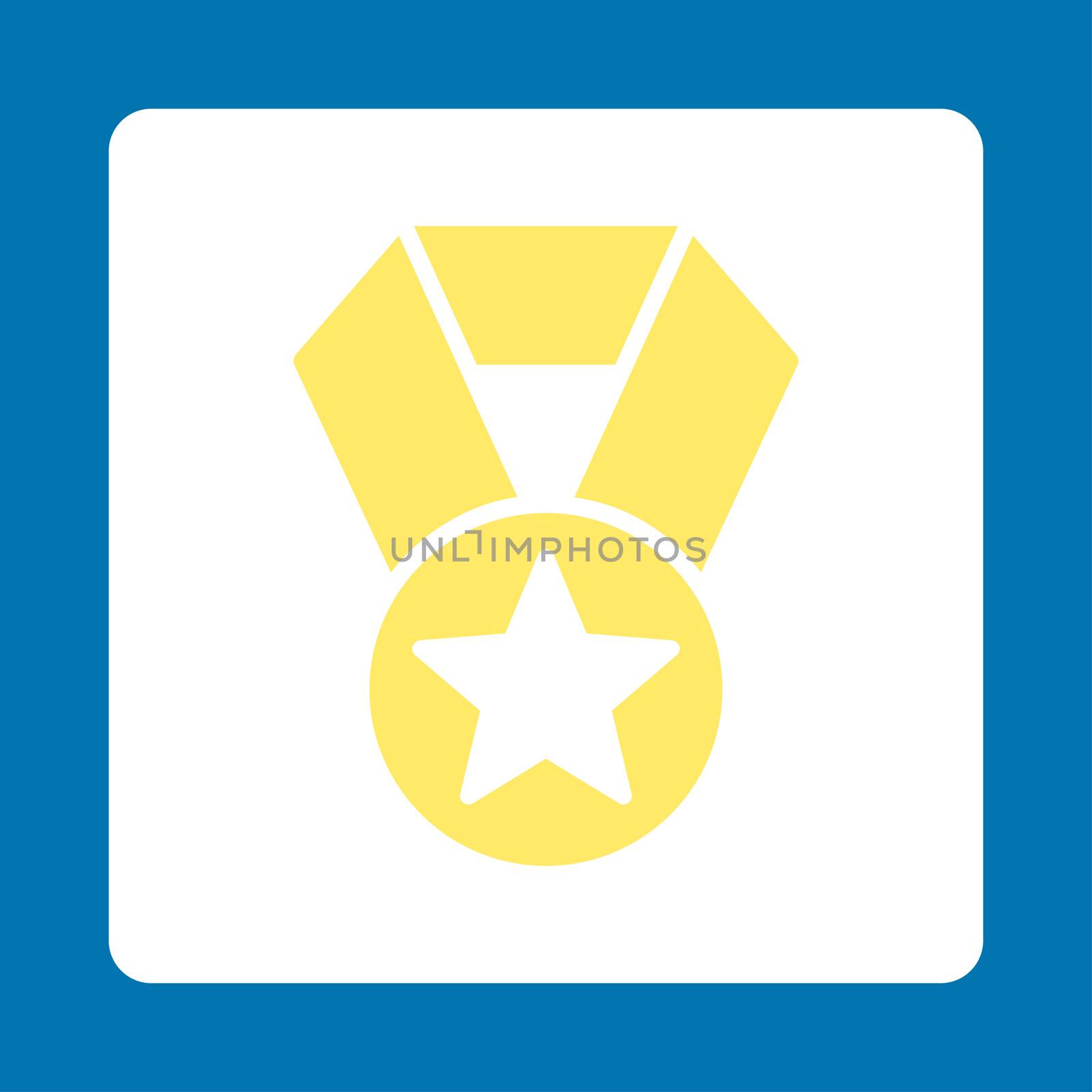 Champion medal icon from Award Buttons OverColor Set. Icon style is yellow and white colors, flat rounded square button, blue background.