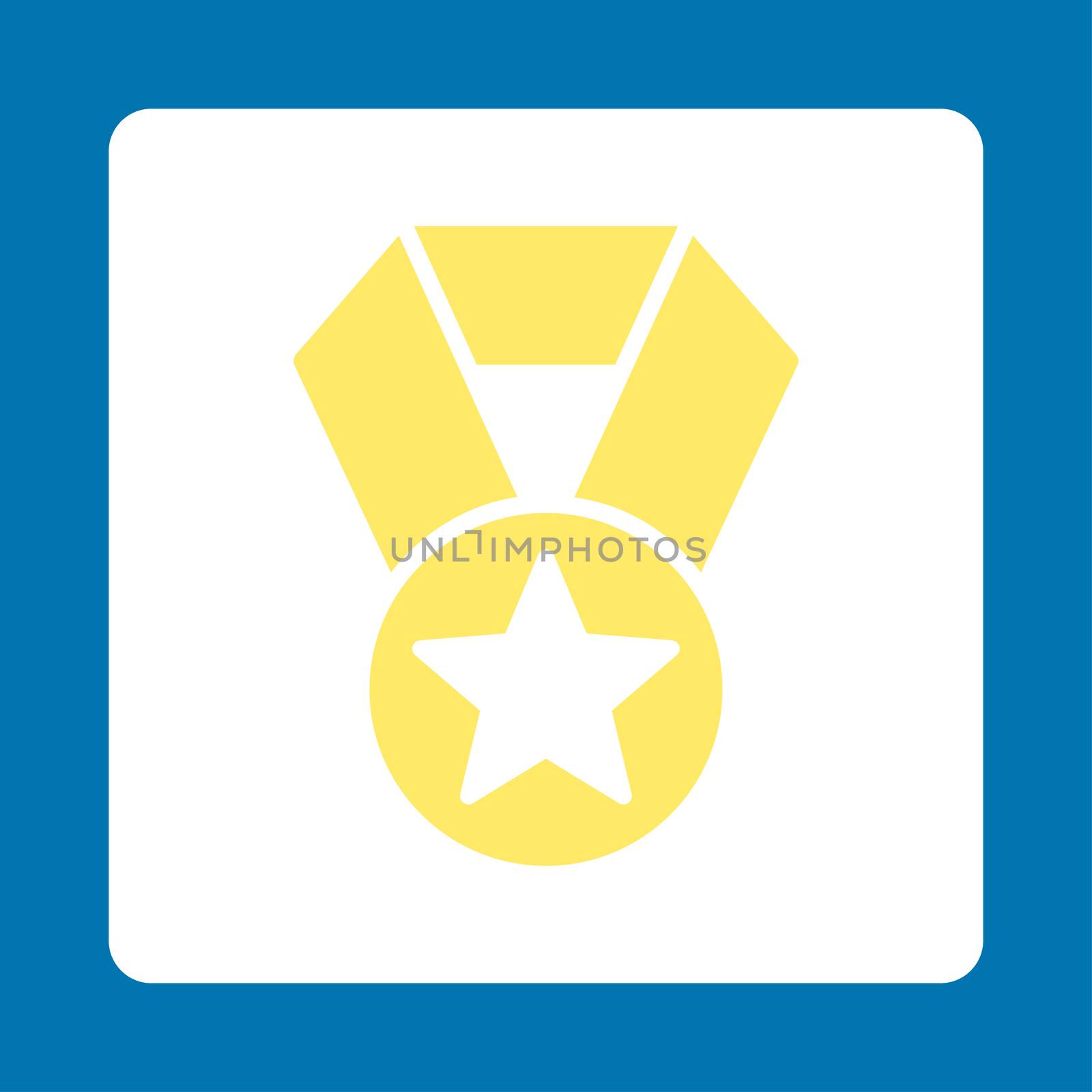 Champion medal icon from Award Buttons OverColor Set. Icon style is yellow and white colors, flat rounded square button, blue background.