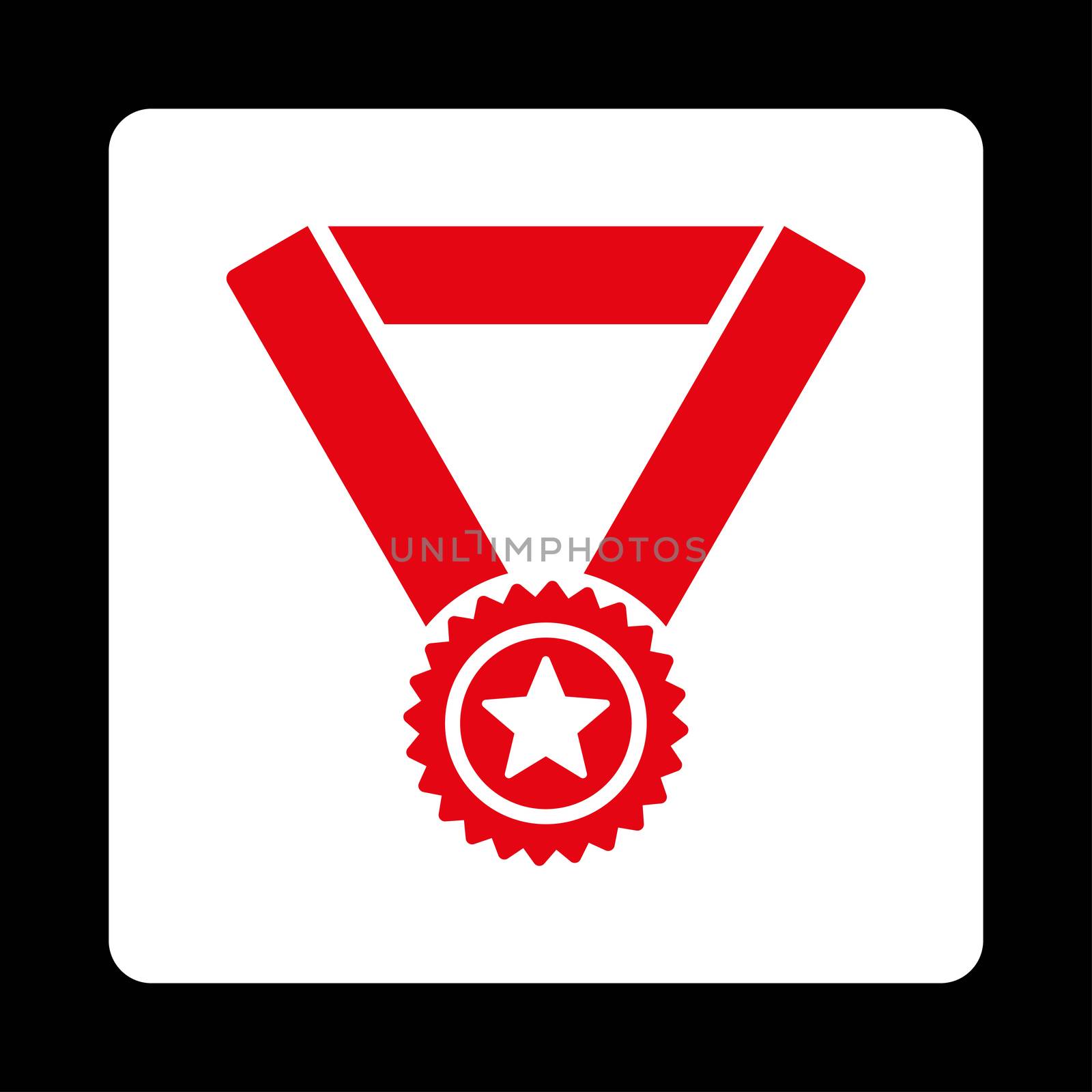 Winner medal icon from Award Buttons OverColor Set. Icon style is red and white colors, flat rounded square button, black background.