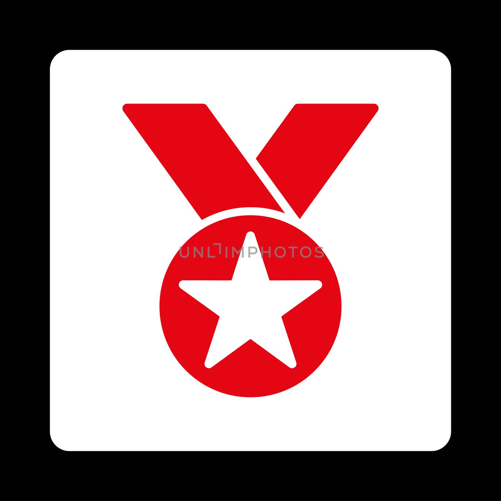 Medal icon from Award Buttons OverColor Set. Icon style is red and white colors, flat rounded square button, black background.