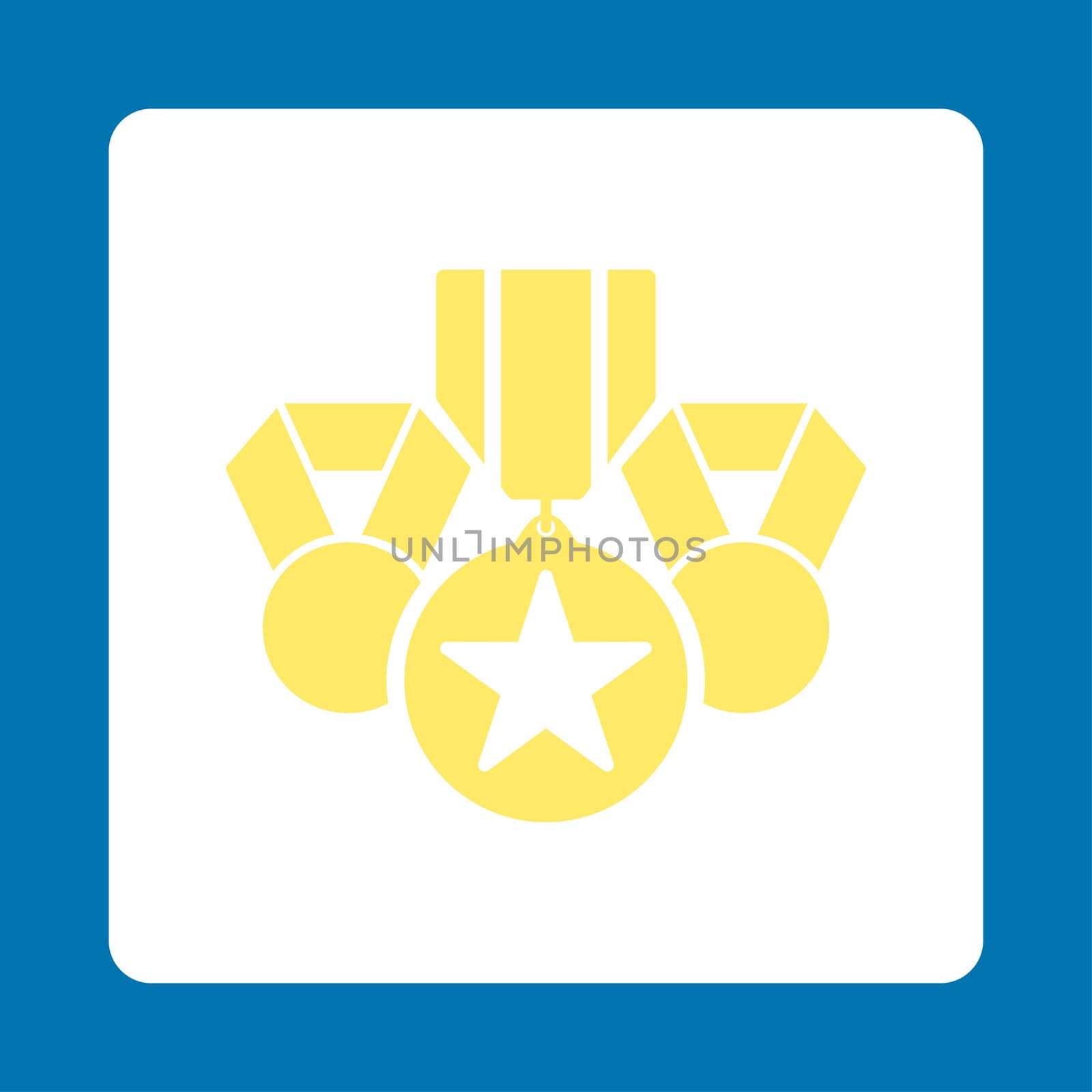 Awards icon from Award Buttons OverColor Set. Icon style is yellow and white colors, flat rounded square button, blue background.