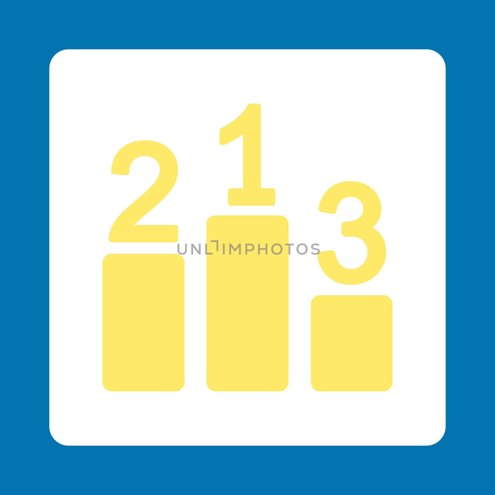 Pedestal icon from Award Buttons OverColor Set. Icon style is yellow and white colors, flat rounded square button, blue background.