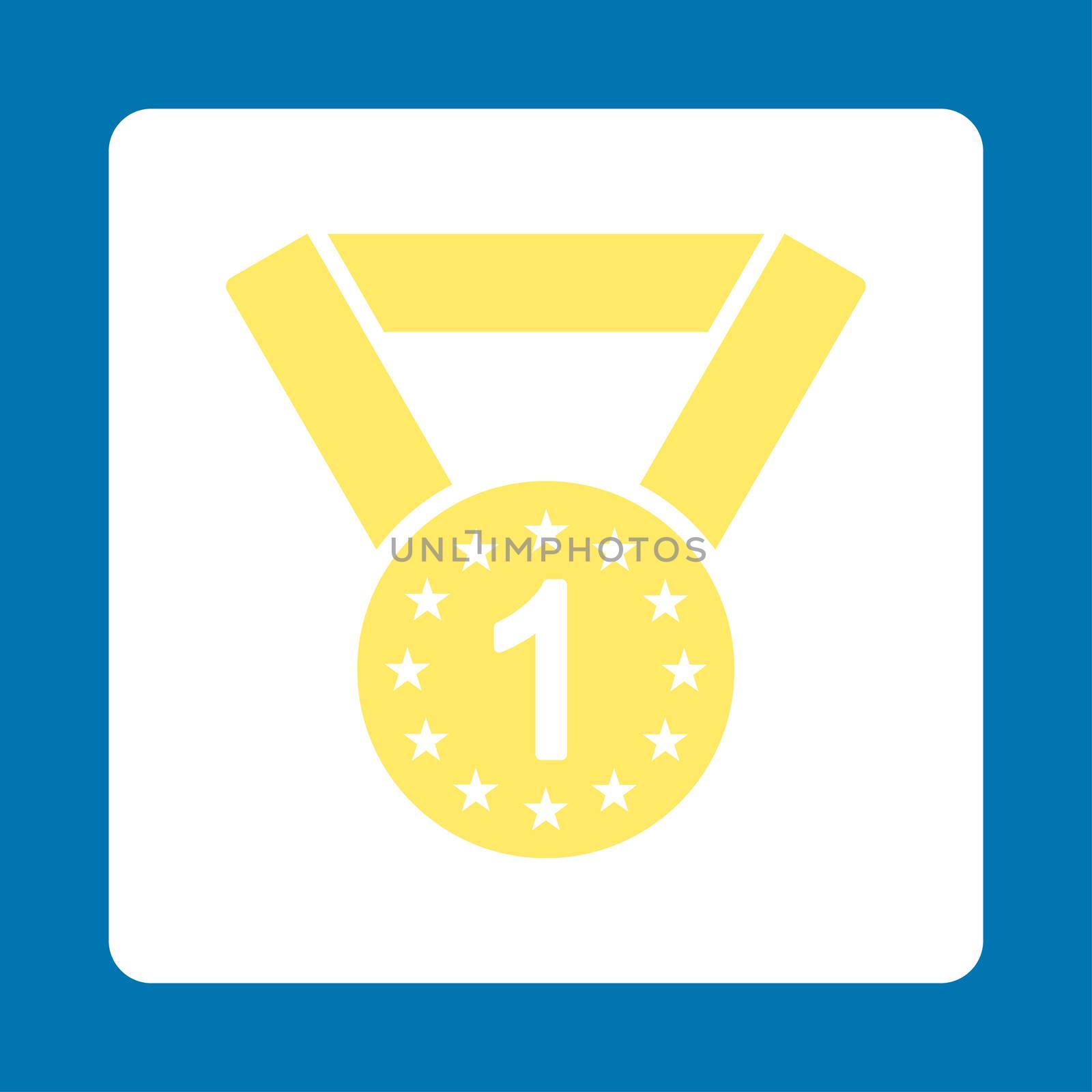 First medal icon from Award Buttons OverColor Set. Icon style is yellow and white colors, flat rounded square button, blue background.