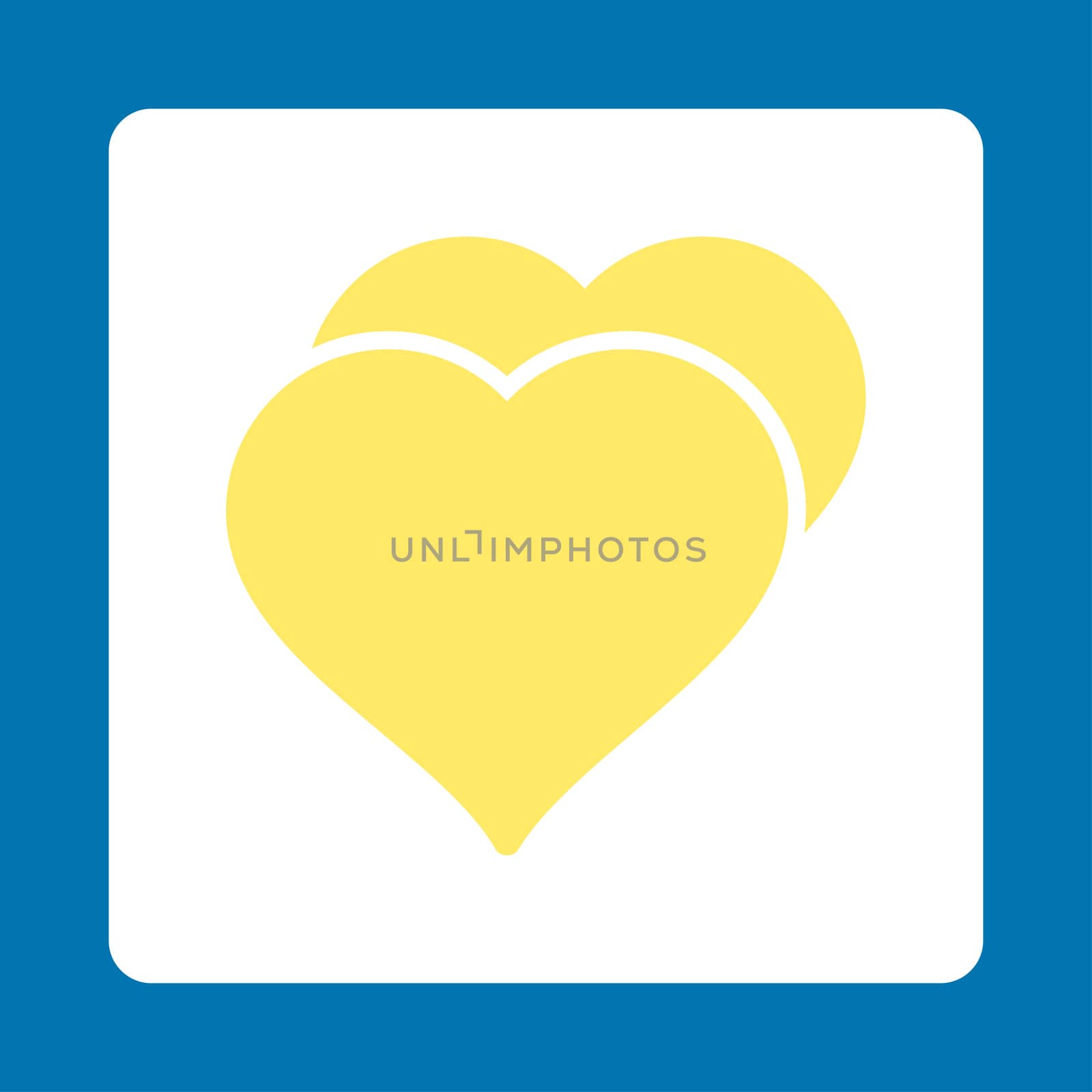 Love icon from Award Buttons OverColor Set. Icon style is yellow and white colors, flat rounded square button, blue background.