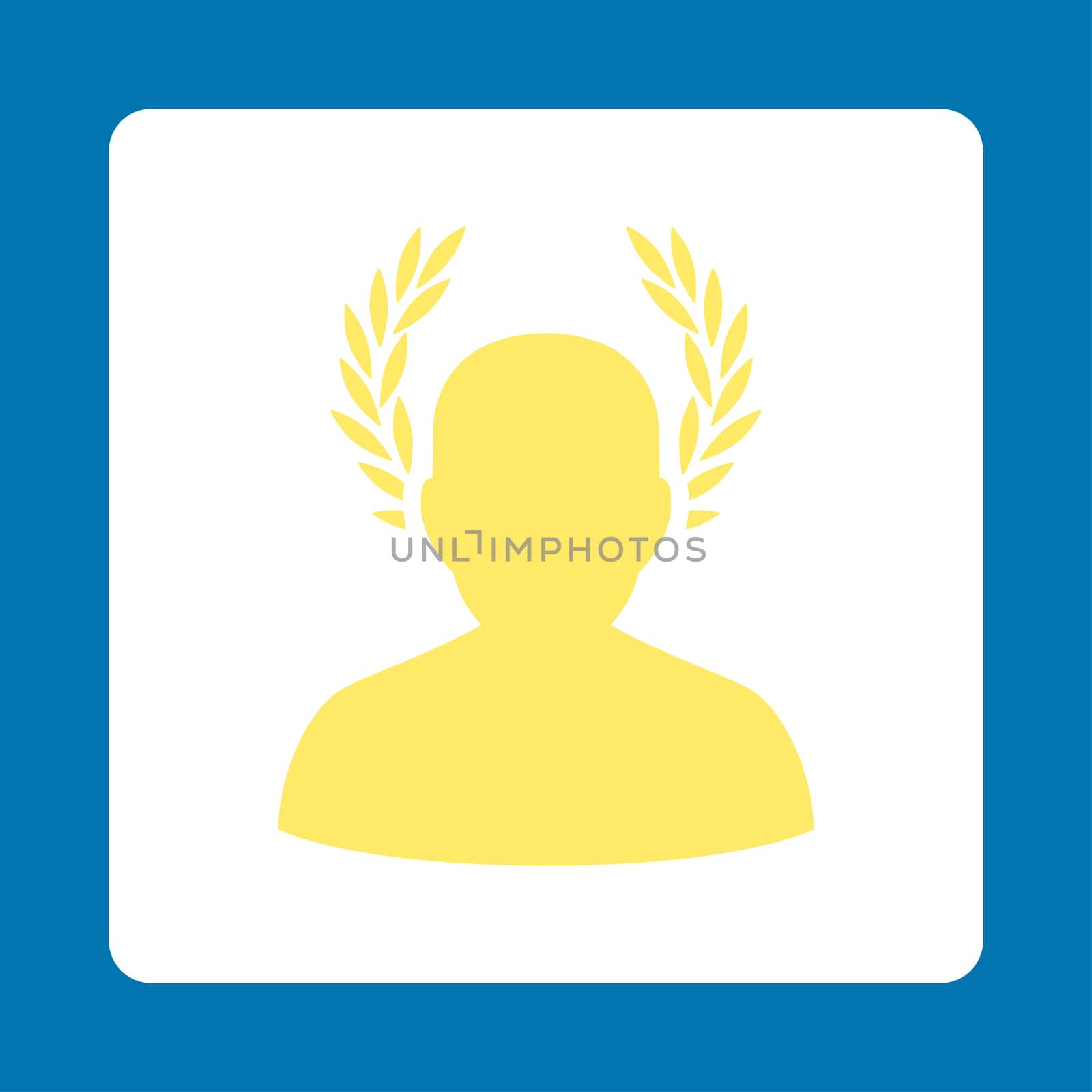 Caesar icon from Award Buttons OverColor Set. Icon style is yellow and white colors, flat rounded square button, blue background.