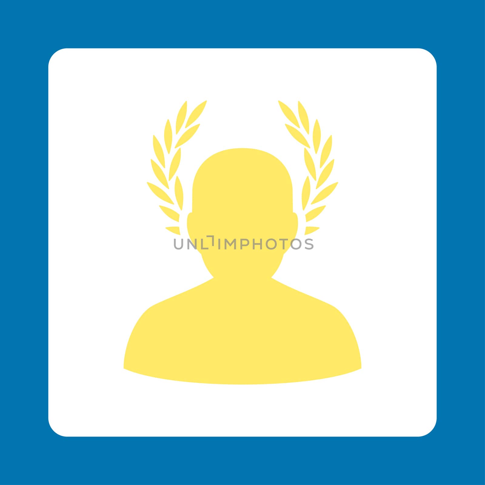 Caesar icon from Award Buttons OverColor Set. Icon style is yellow and white colors, flat rounded square button, blue background.