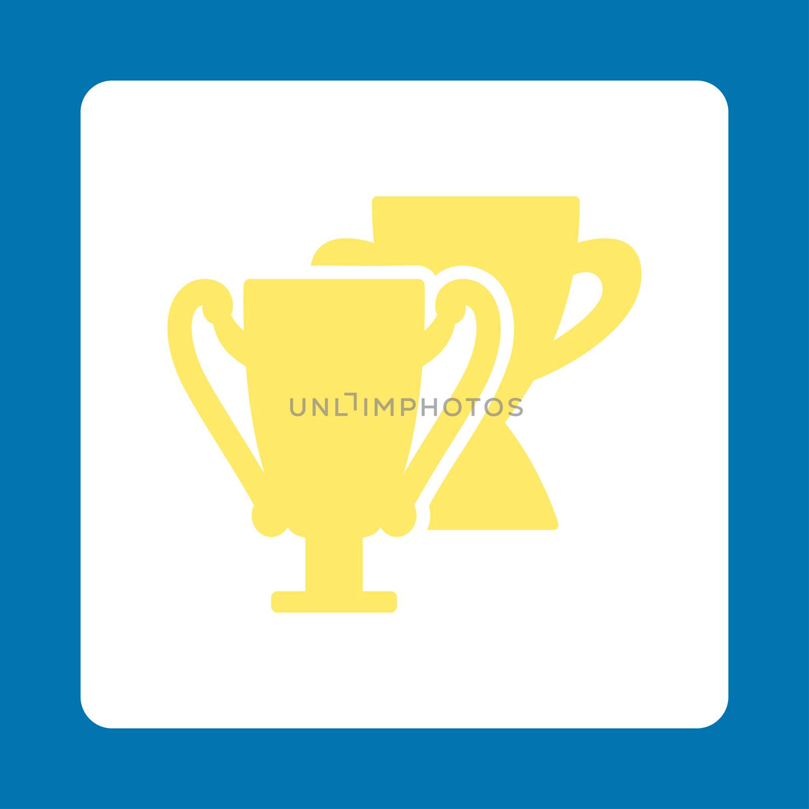 Trophy cups icon from Award Buttons OverColor Set. Icon style is yellow and white colors, flat rounded square button, blue background.