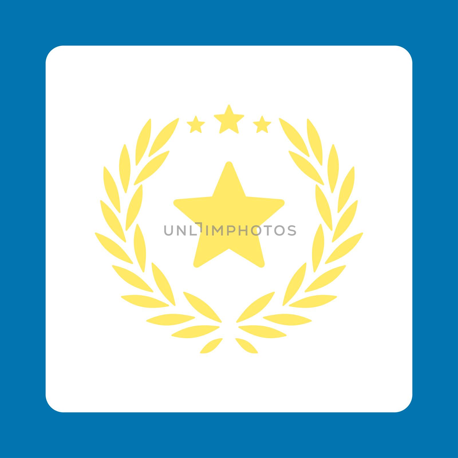 Proud icon from Award Buttons OverColor Set. Icon style is yellow and white colors, flat rounded square button, blue background.