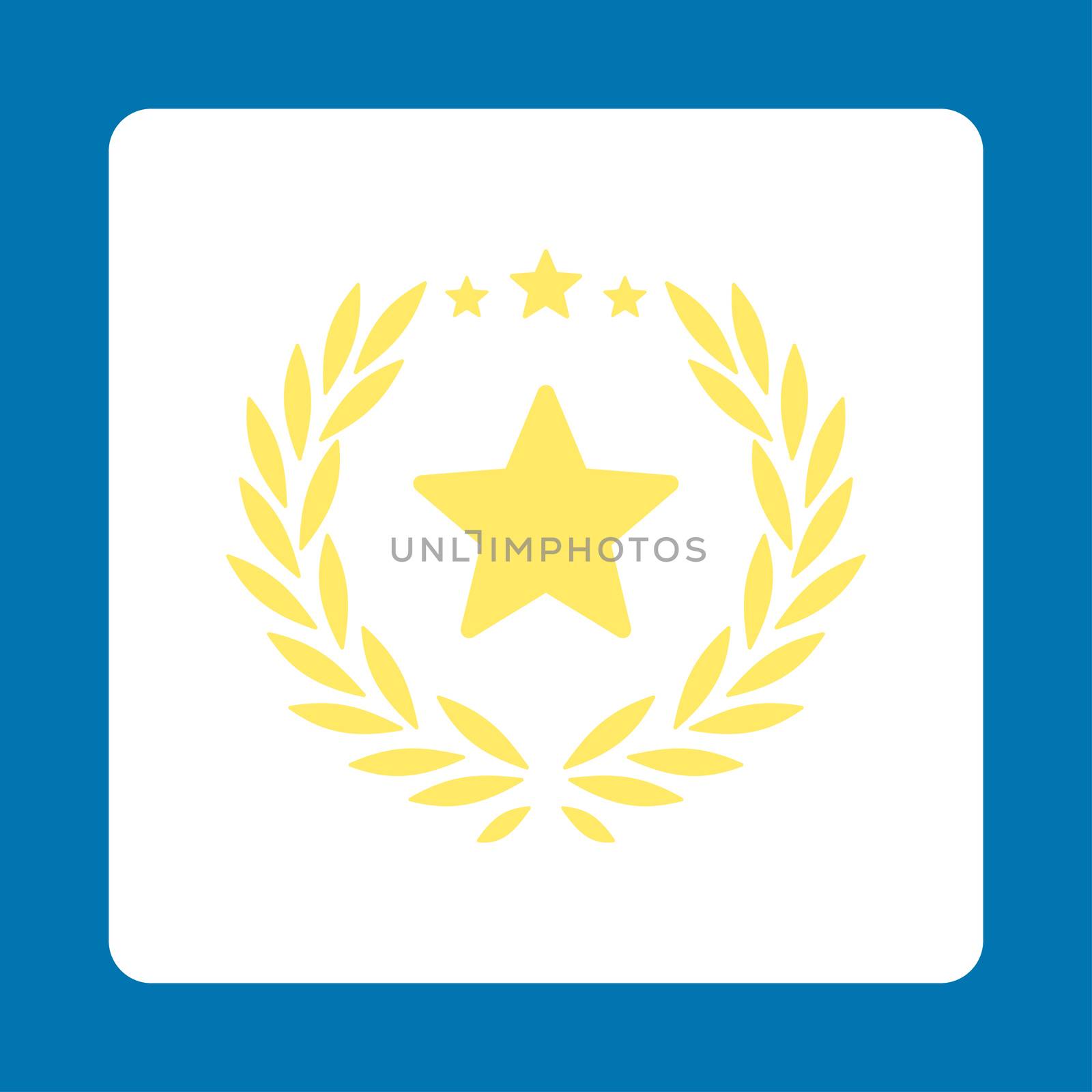 Proud icon from Award Buttons OverColor Set. Icon style is yellow and white colors, flat rounded square button, blue background.