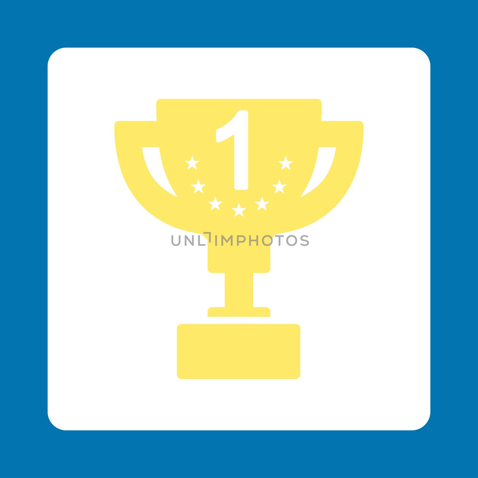 First prize icon from Award Buttons OverColor Set. Icon style is yellow and white colors, flat rounded square button, blue background.