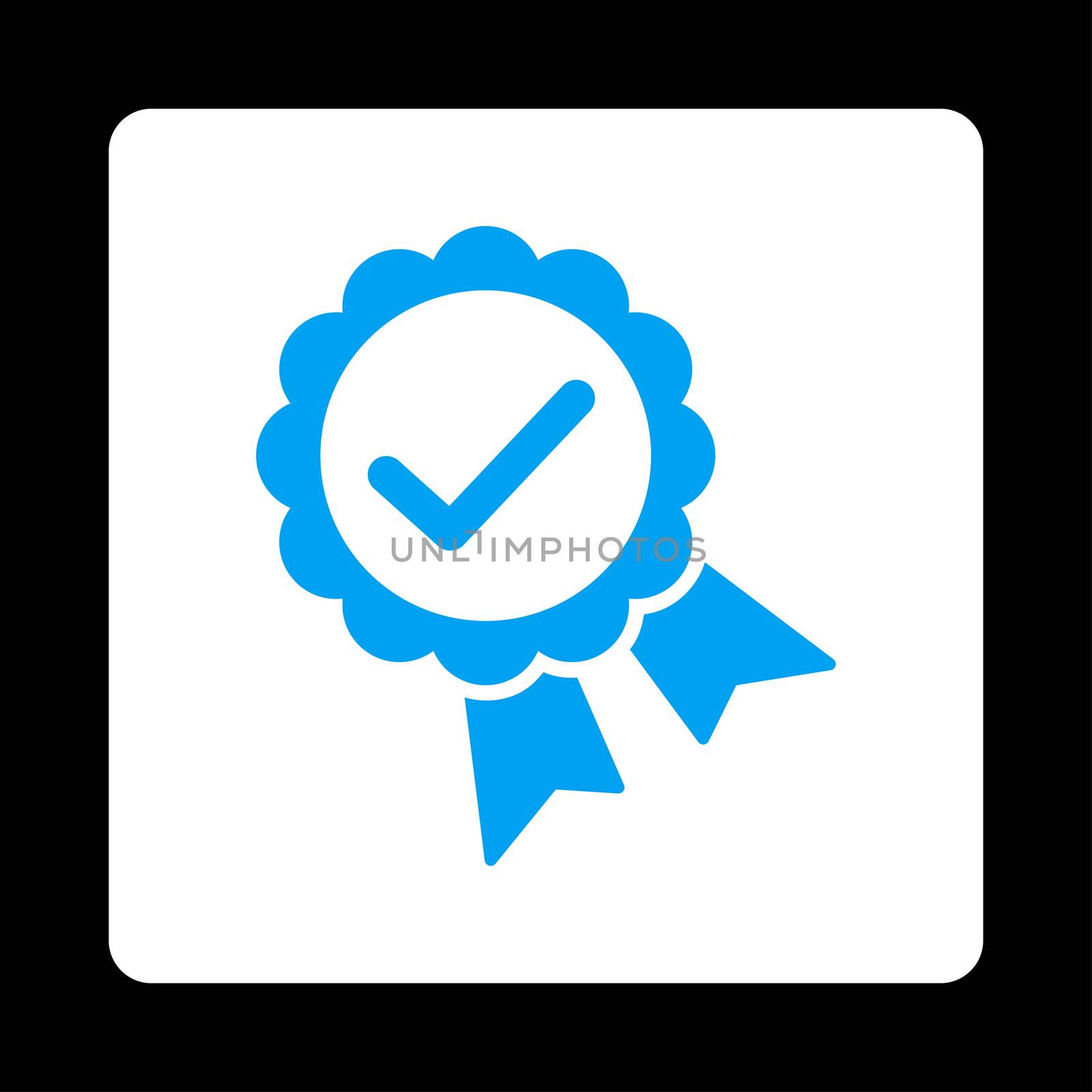 Approved icon from Award Buttons OverColor Set. Icon style is blue and white colors, flat rounded square button, black background.