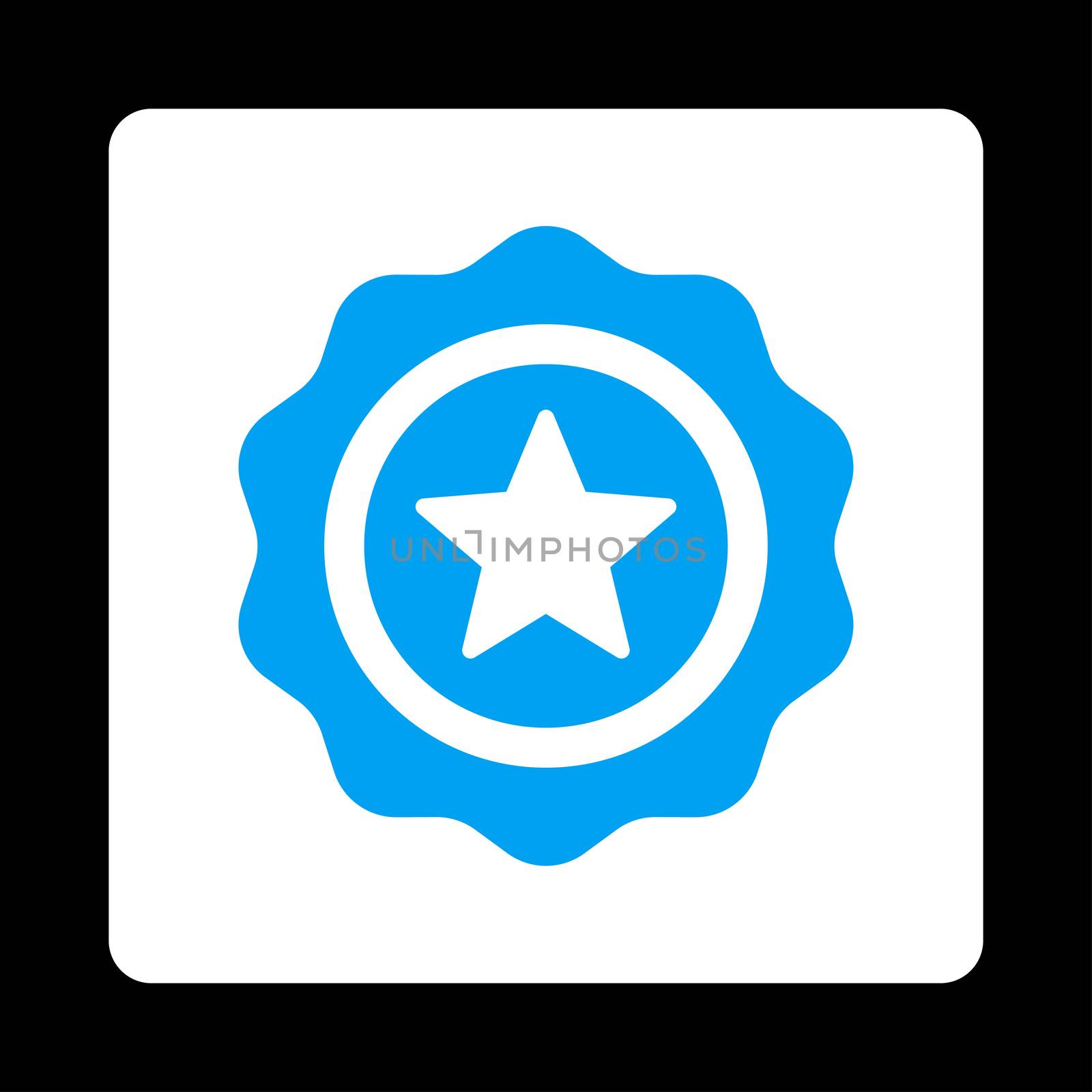 Reward seal icon from Award Buttons OverColor Set. Icon style is blue and white colors, flat rounded square button, black background.