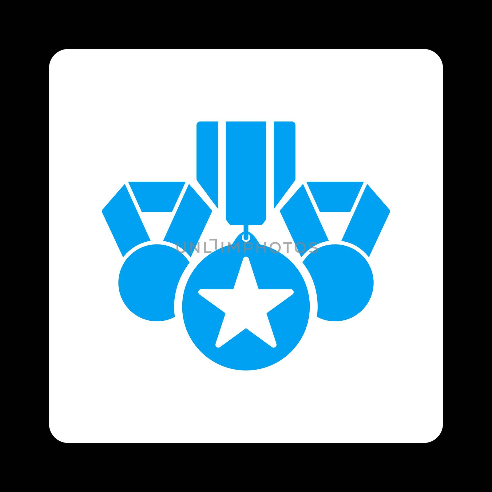 Awards icon from Award Buttons OverColor Set. Icon style is blue and white colors, flat rounded square button, black background.