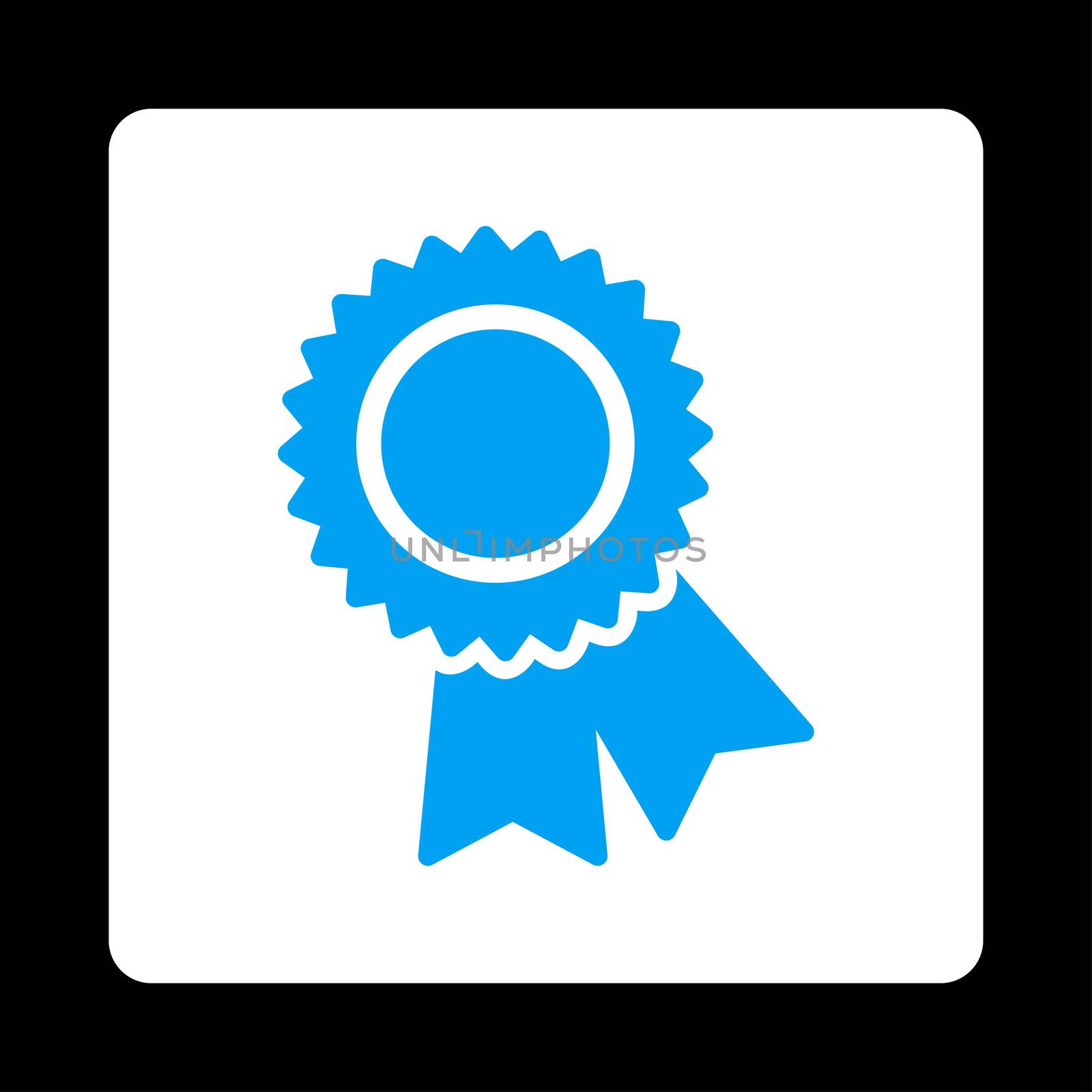 Certification icon from Award Buttons OverColor Set. Icon style is blue and white colors, flat rounded square button, black background.