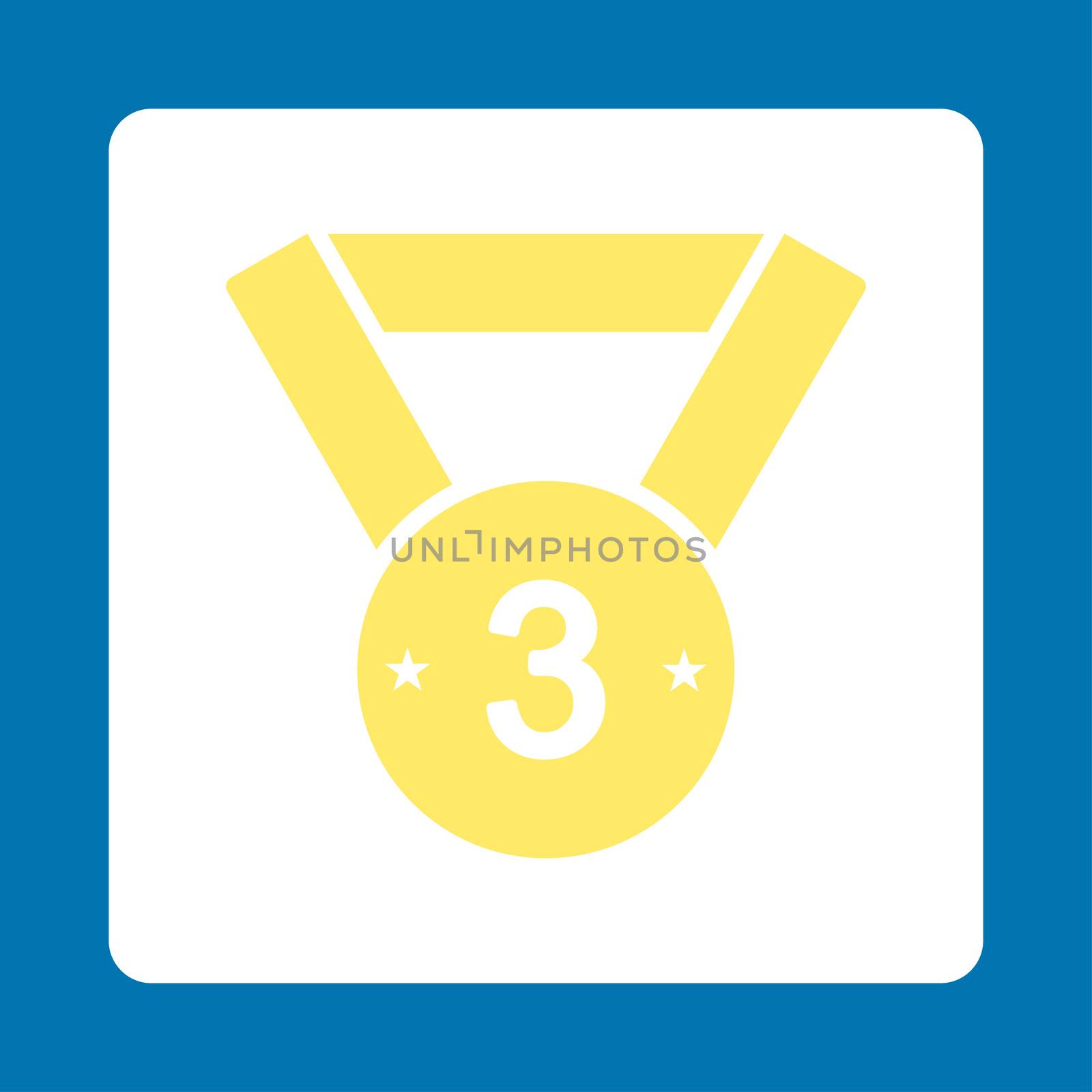 Third medal icon from Award Buttons OverColor Set. Icon style is yellow and white colors, flat rounded square button, blue background.