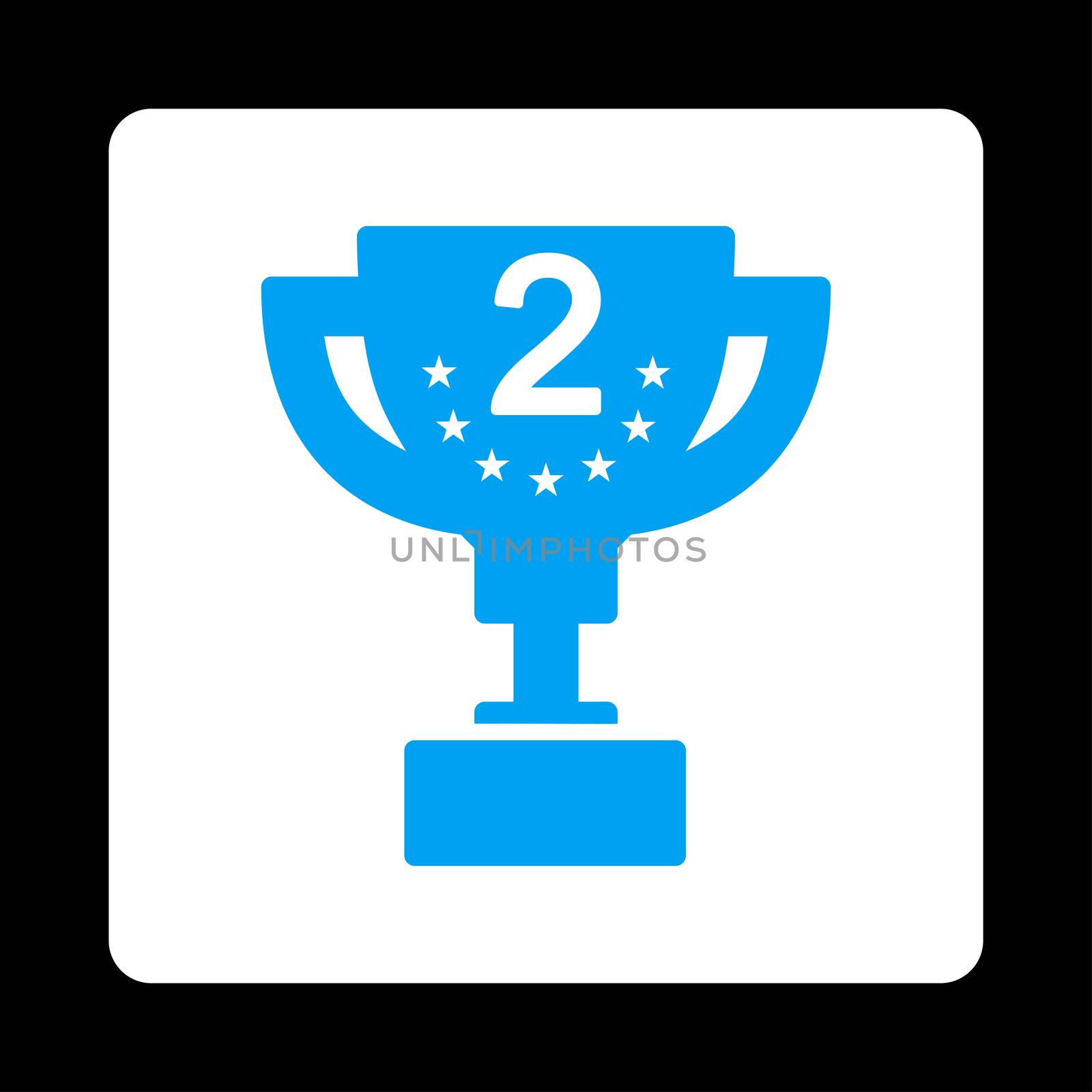 Second prize icon from Award Buttons OverColor Set. Icon style is blue and white colors, flat rounded square button, black background.