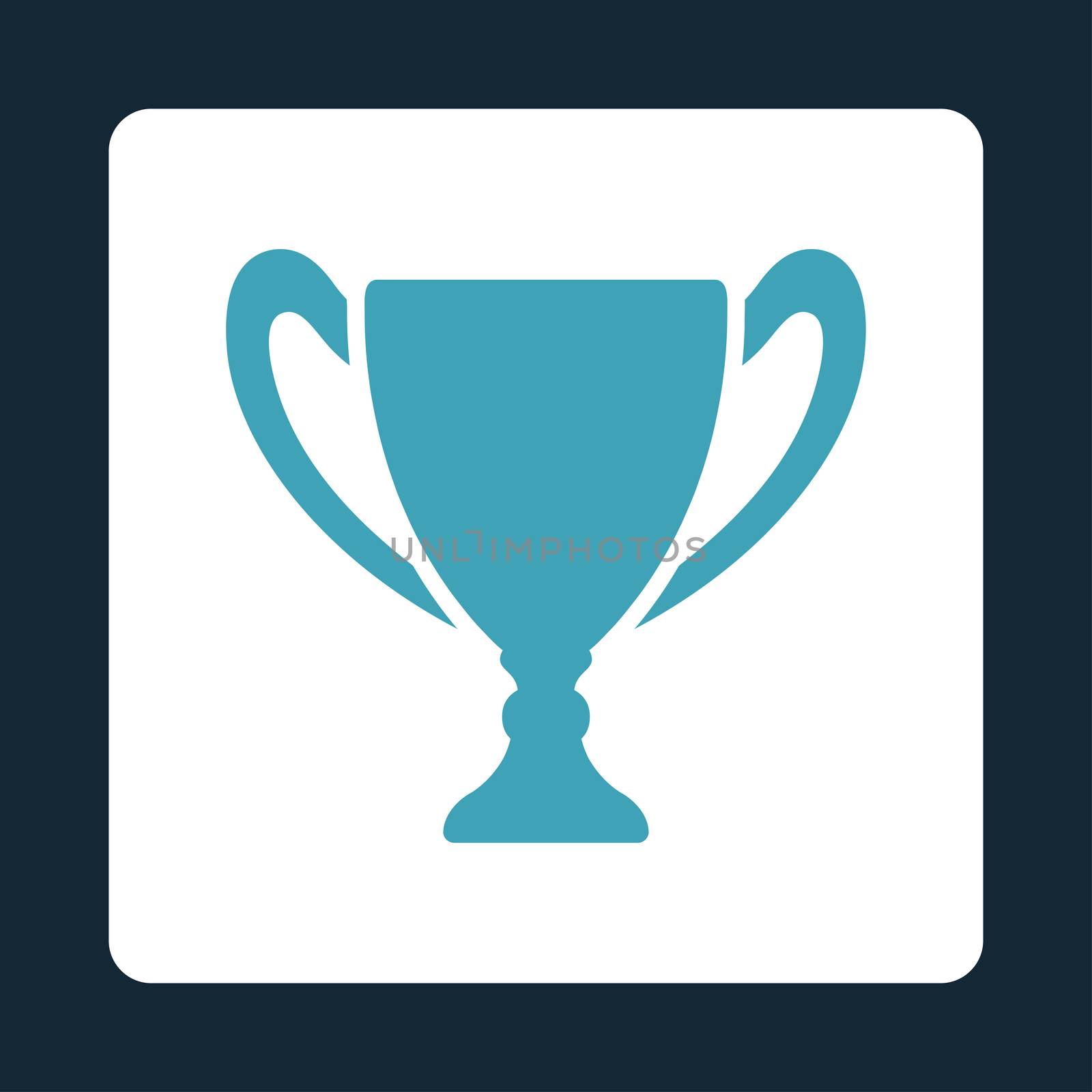 Cup icon from Award Buttons OverColor Set. Icon style is blue and white colors, flat rounded square button, dark blue background.