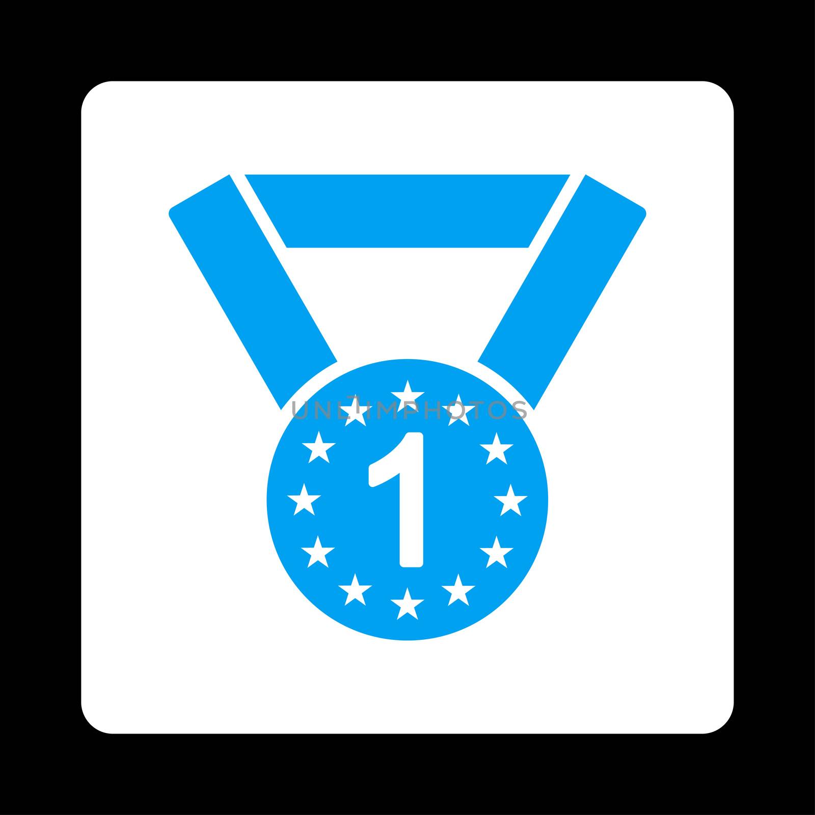 First medal icon from Award Buttons OverColor Set. Icon style is blue and white colors, flat rounded square button, black background.