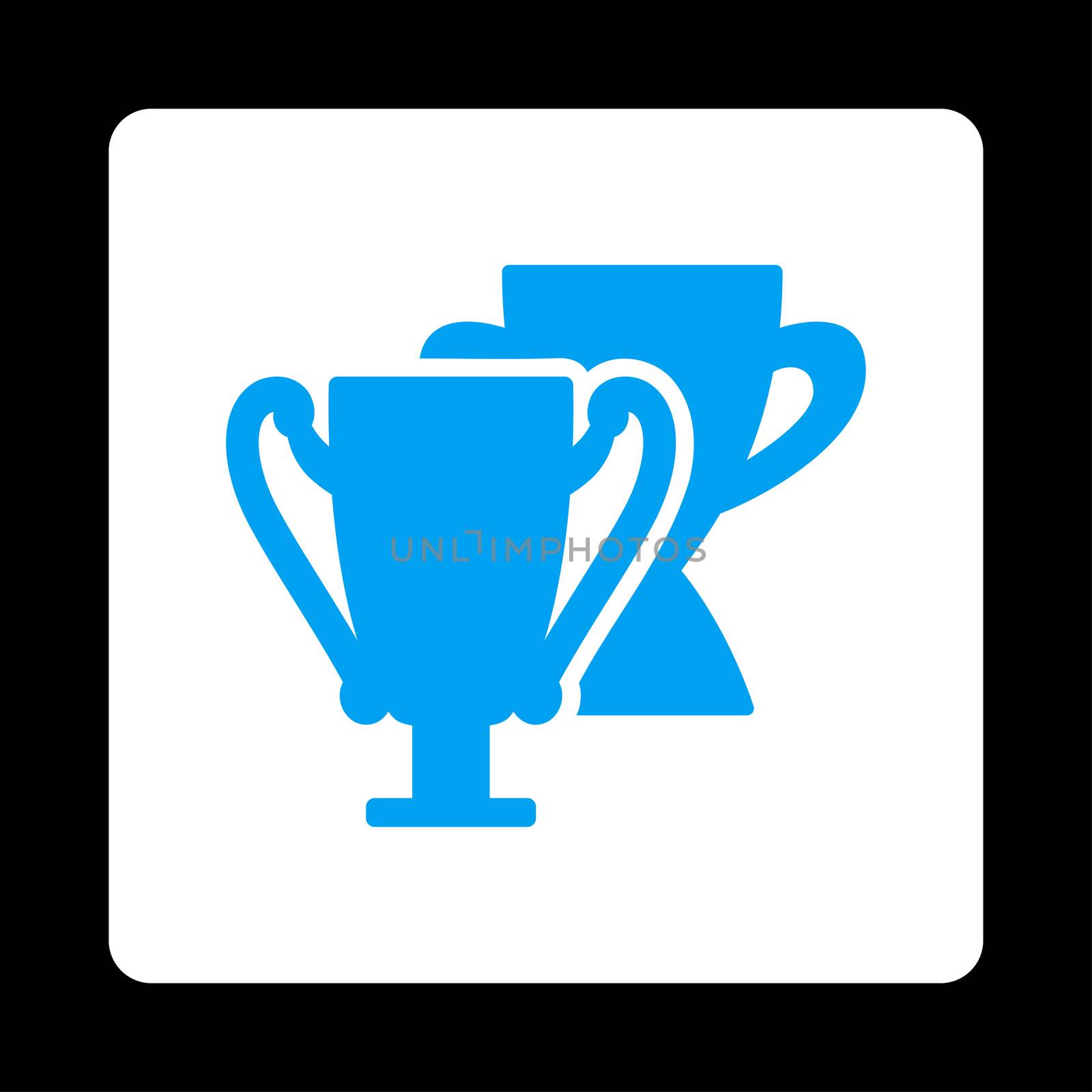 Trophy cups icon from Award Buttons OverColor Set. Icon style is blue and white colors, flat rounded square button, black background.