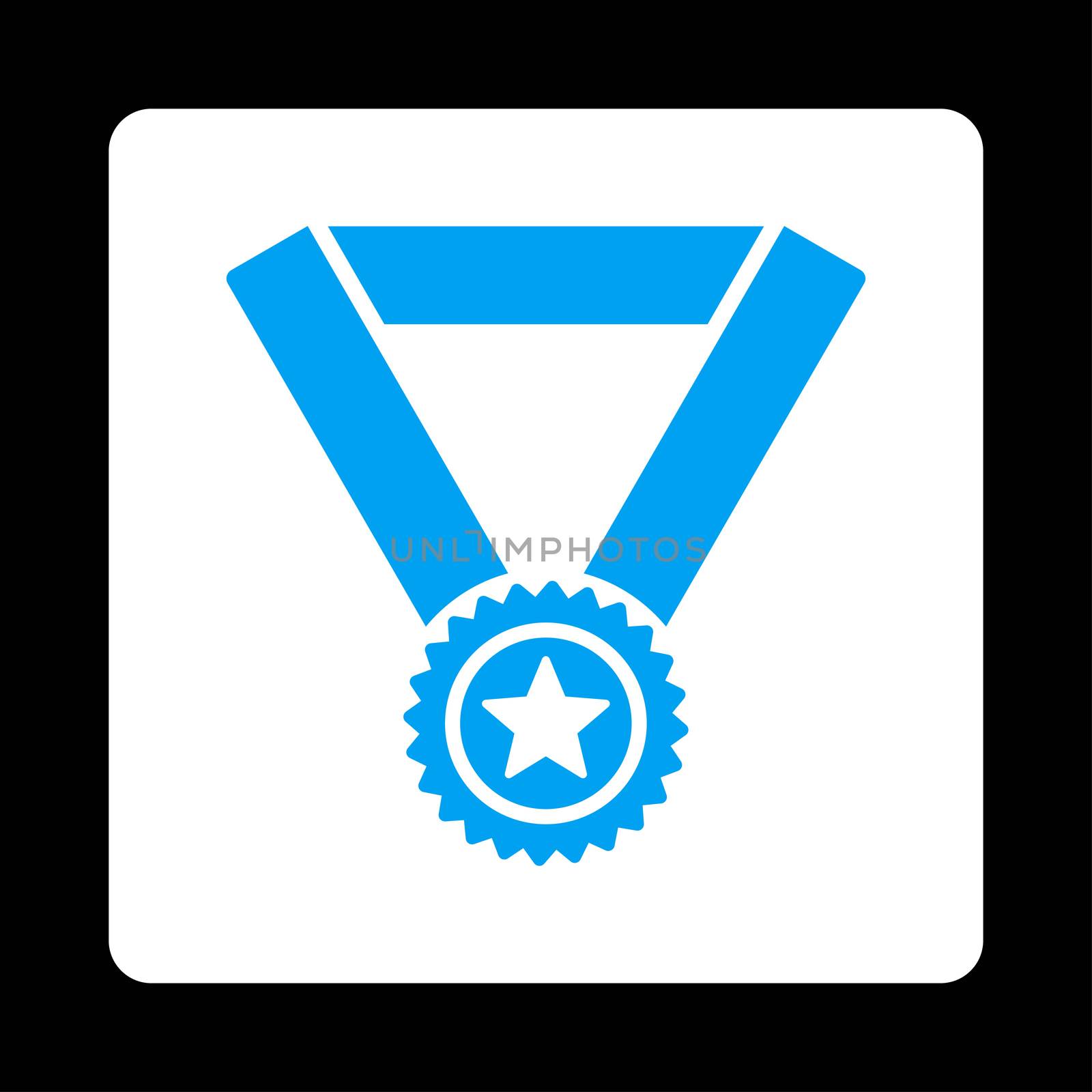 Winner medal icon from Award Buttons OverColor Set. Icon style is blue and white colors, flat rounded square button, black background.