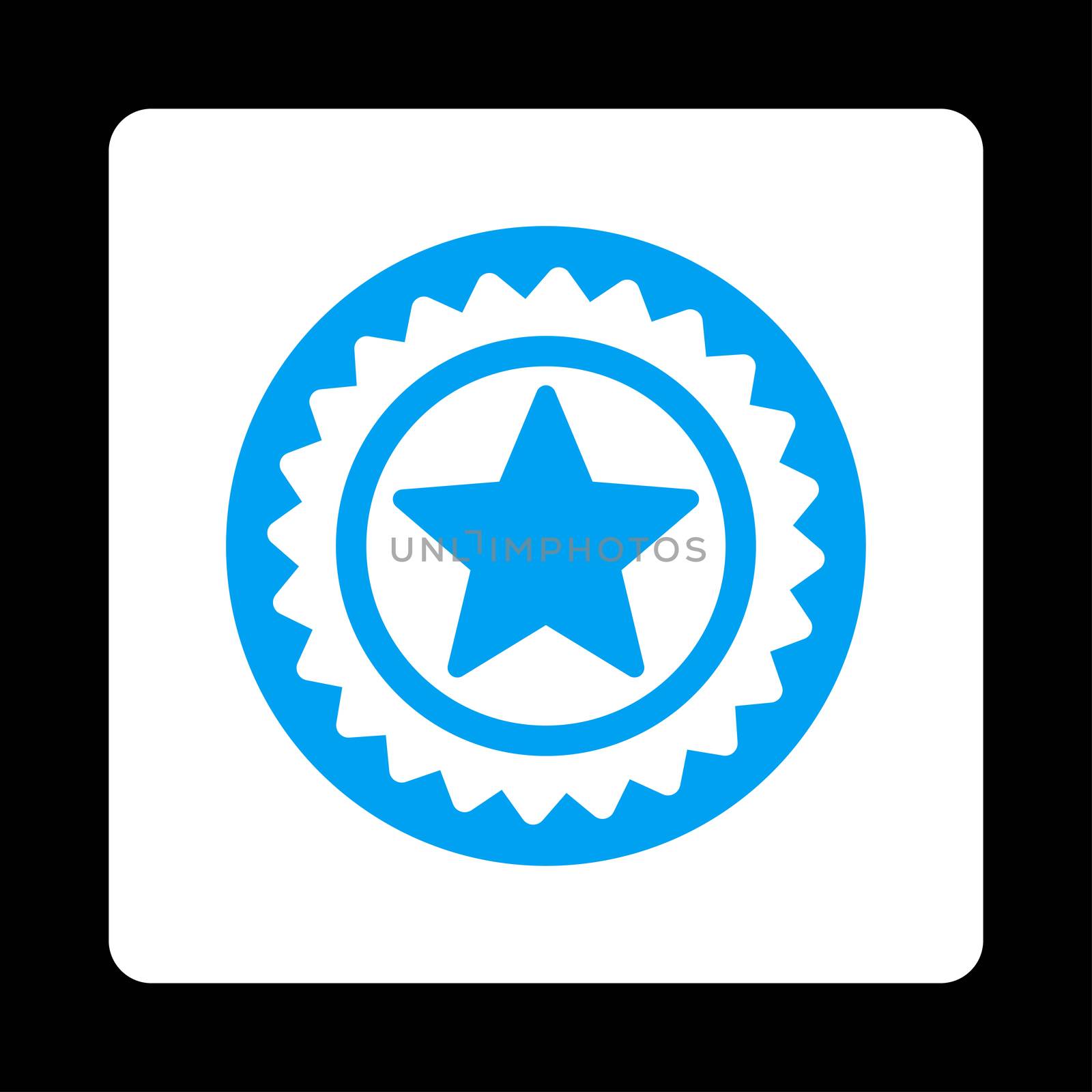 Medal seal icon from Award Buttons OverColor Set. Icon style is blue and white colors, flat rounded square button, black background.