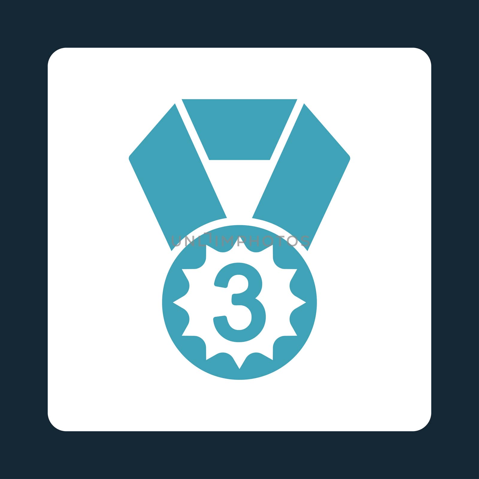 Third place icon from Award Buttons OverColor Set. Icon style is blue and white colors, flat rounded square button, dark blue background.