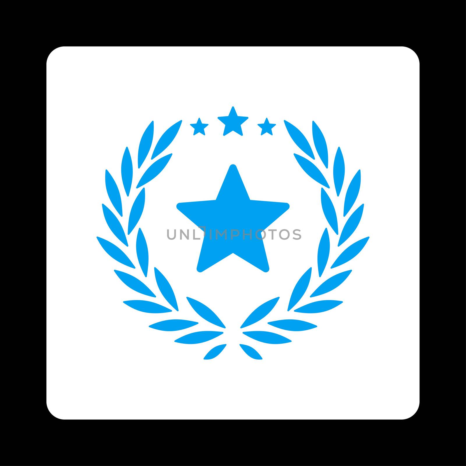 Proud icon from Award Buttons OverColor Set. Icon style is blue and white colors, flat rounded square button, black background.