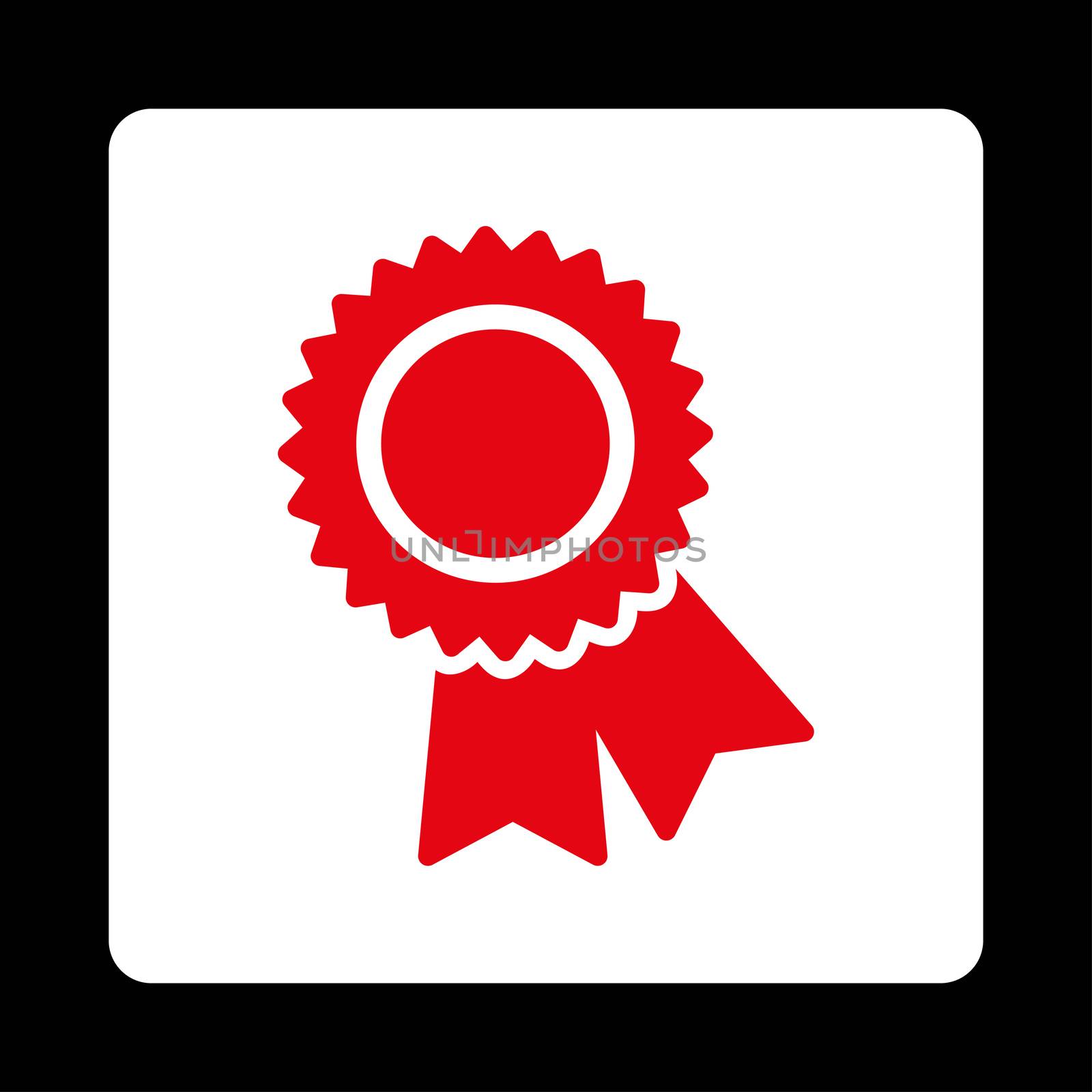 Certification icon from Award Buttons OverColor Set. Icon style is red and white colors, flat rounded square button, black background.