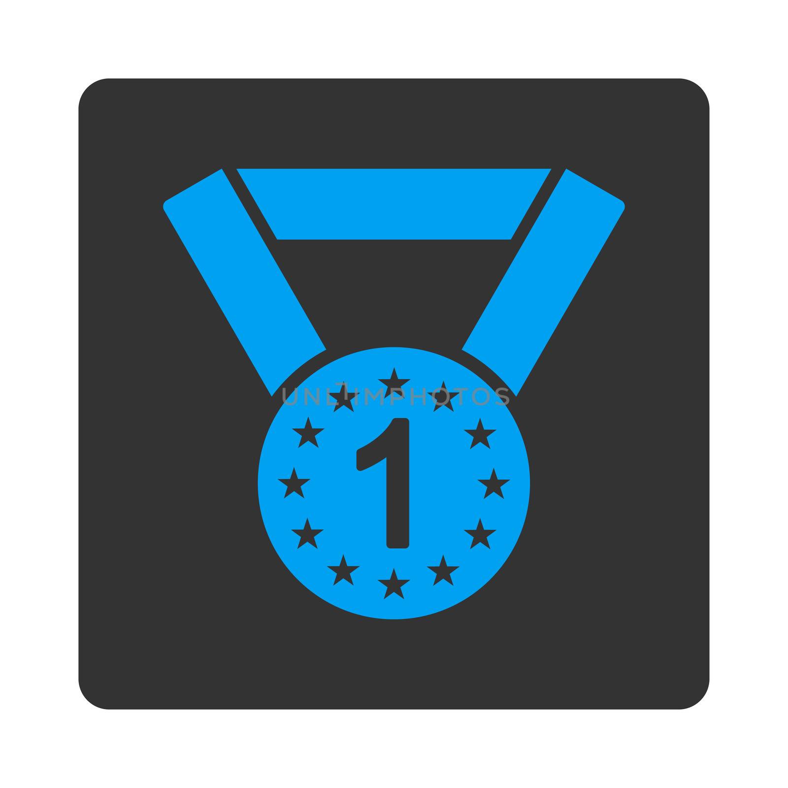 First medal icon from Award Buttons OverColor Set. Icon style is blue and gray colors, flat rounded square button, white background.