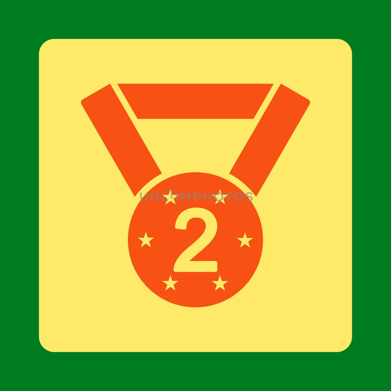 Second medal icon from Award Buttons OverColor Set. Icon style is orange and yellow colors, flat rounded square button, green background.