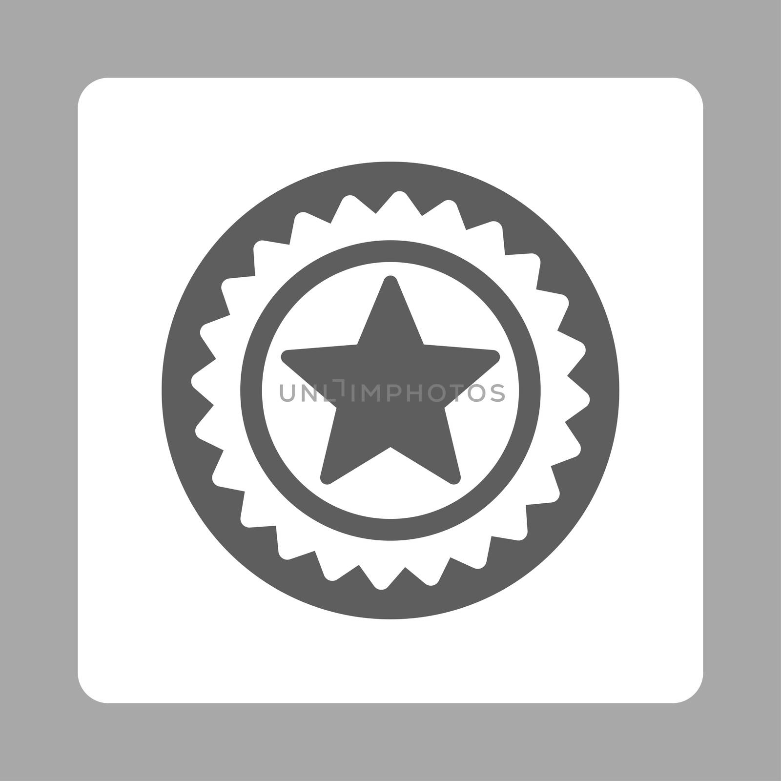 Medal seal icon from Award Buttons OverColor Set. Icon style is dark gray and white colors, flat rounded square button, silver background.