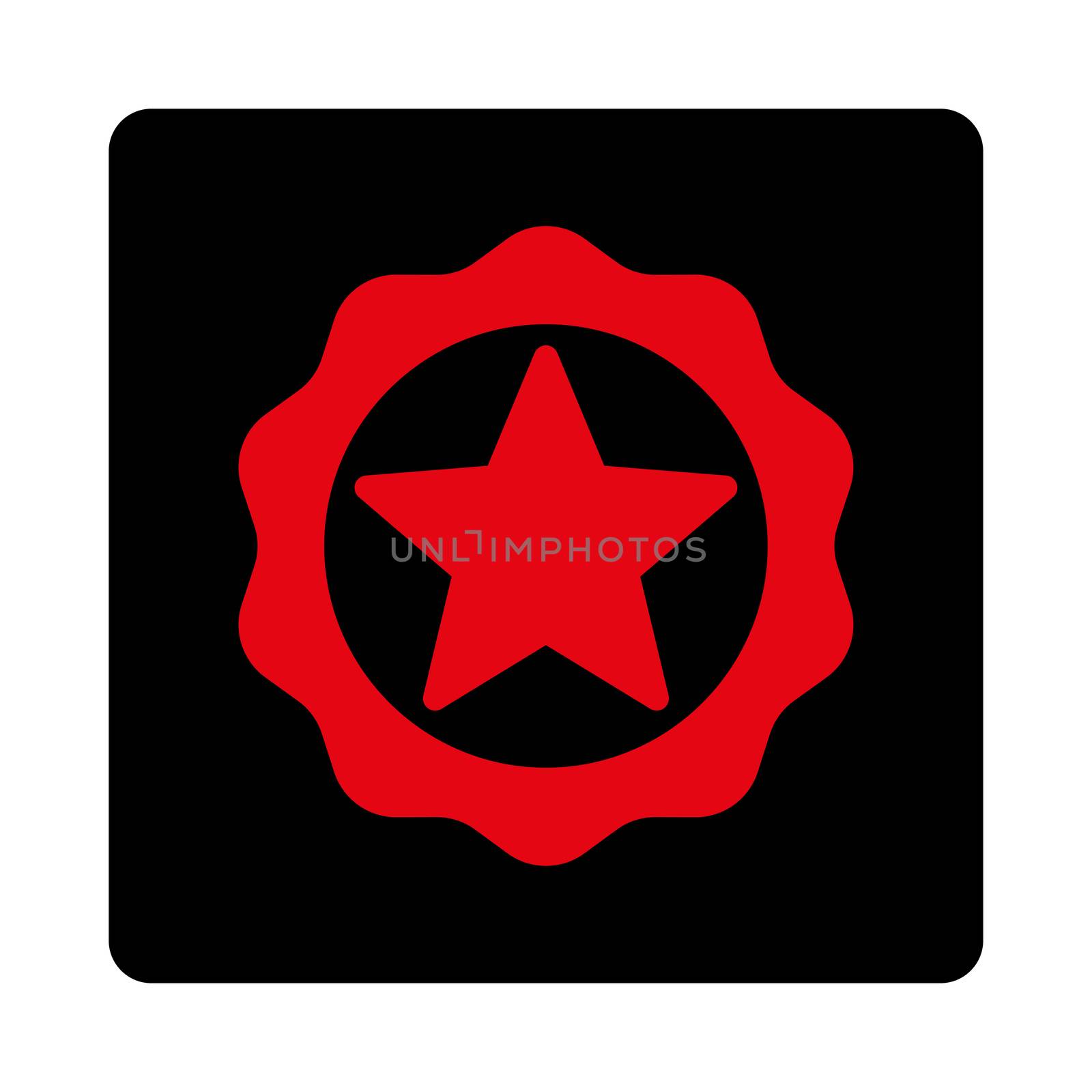 Award seal icon from Award Buttons OverColor Set. Icon style is intensive red and black colors, flat rounded square button, white background.