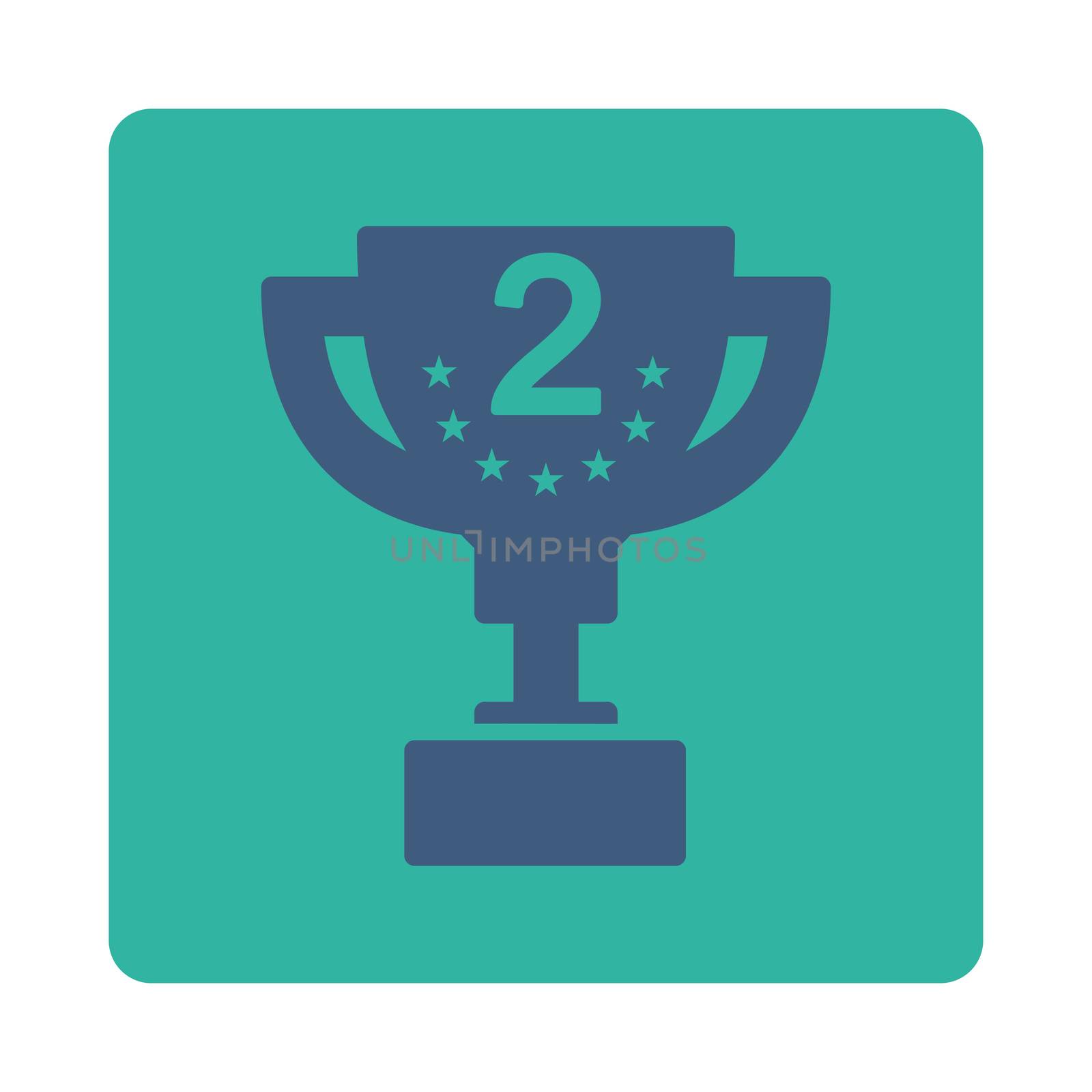 Second prize icon from Award Buttons OverColor Set. Icon style is cobalt and cyan colors, flat rounded square button, white background.