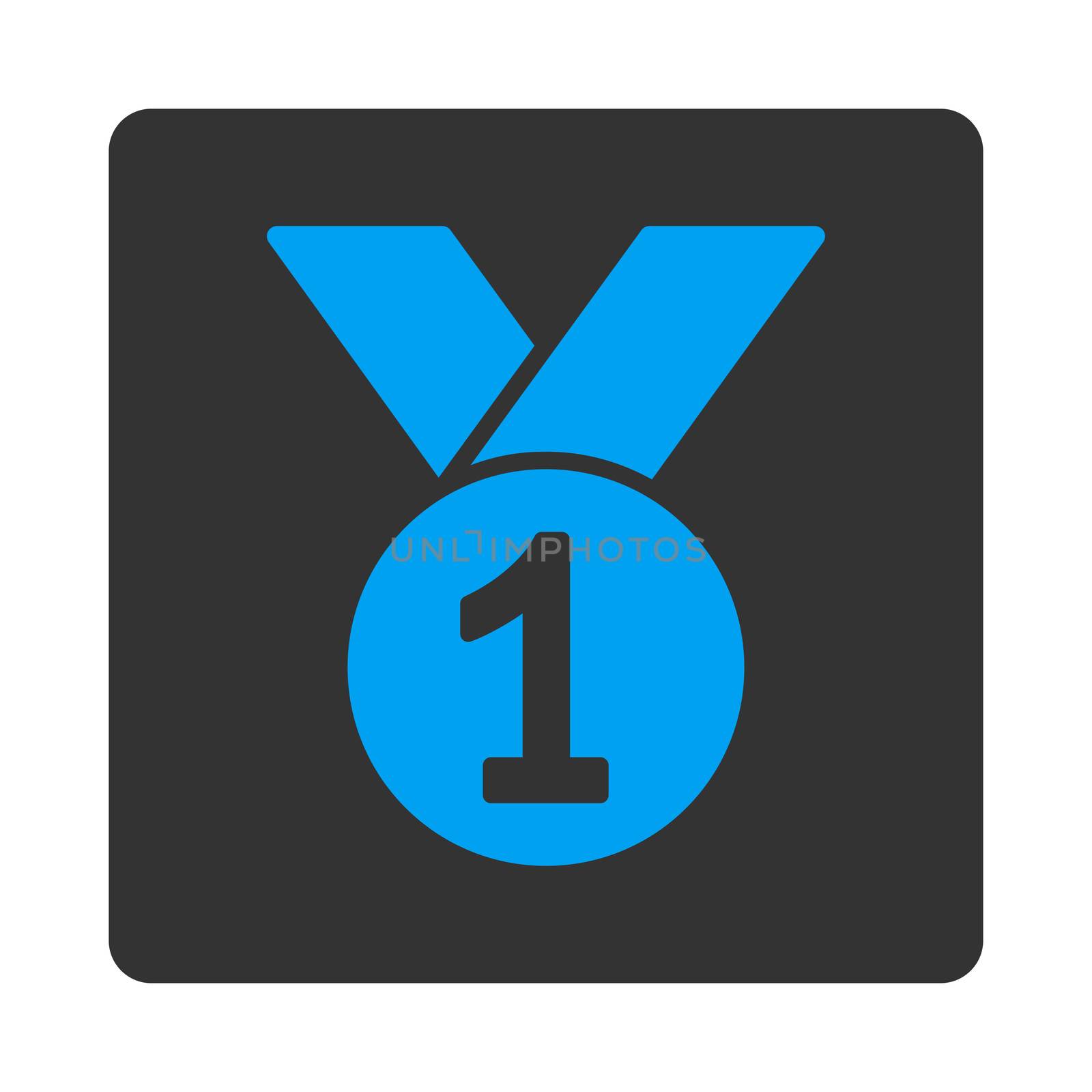 Gold medal icon from Award Buttons OverColor Set. Icon style is blue and gray colors, flat rounded square button, white background.