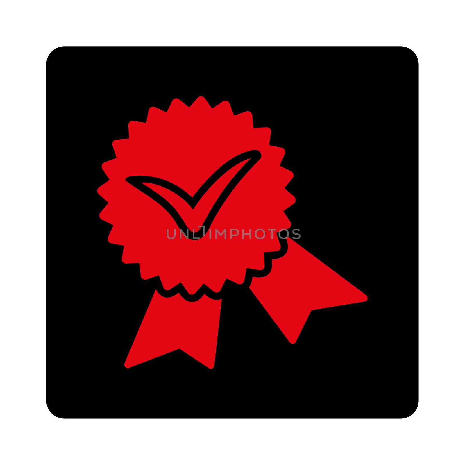 Validation seal icon from Award Buttons OverColor Set. Icon style is intensive red and black colors, flat rounded square button, white background.