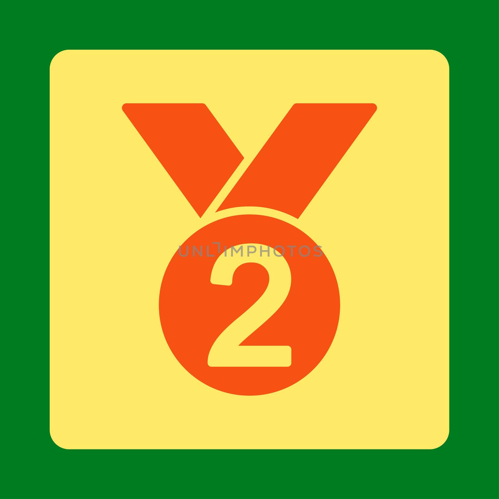 Silver medal icon from Award Buttons OverColor Set. Icon style is orange and yellow colors, flat rounded square button, green background.