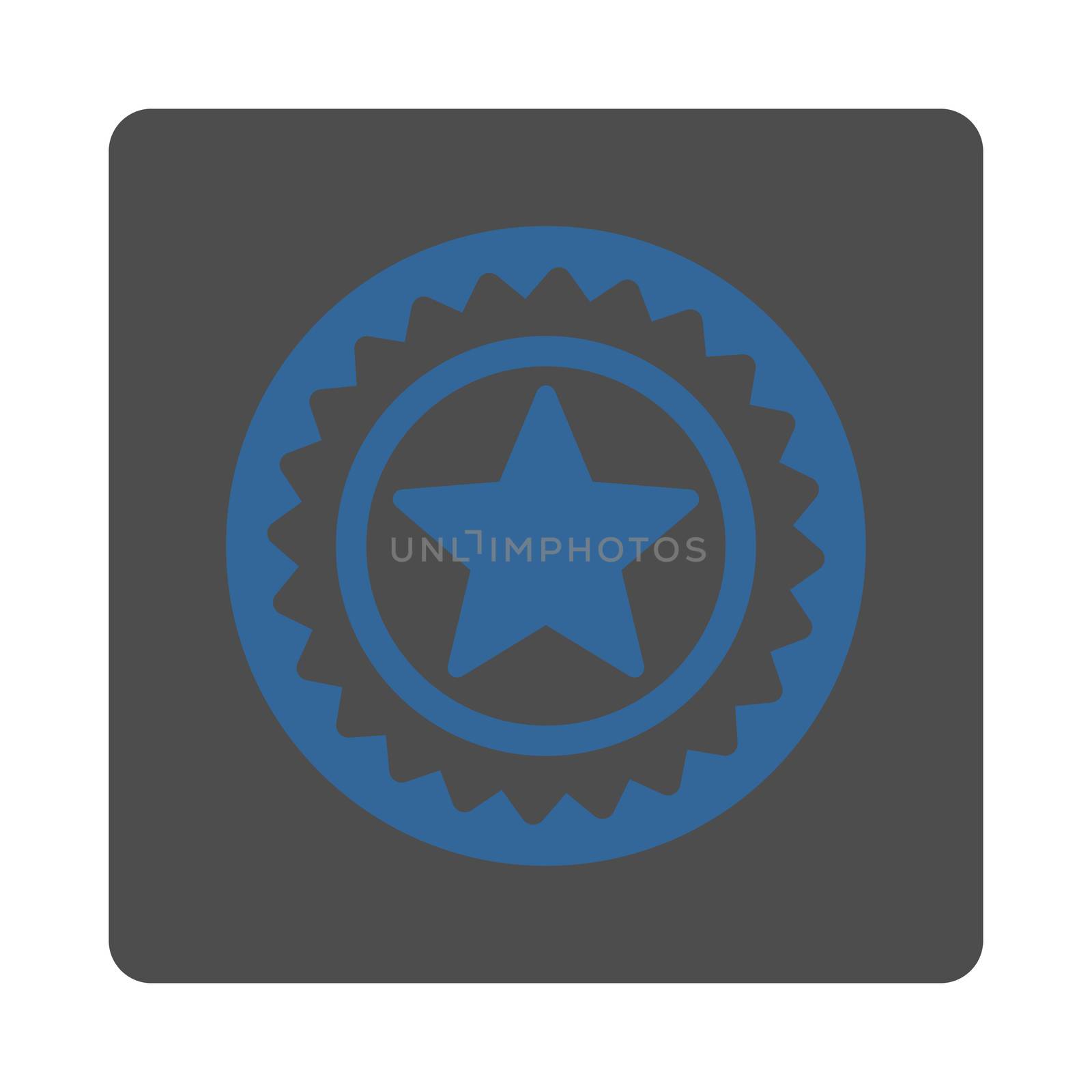Medal seal icon from Award Buttons OverColor Set. Icon style is cobalt and gray colors, flat rounded square button, white background.